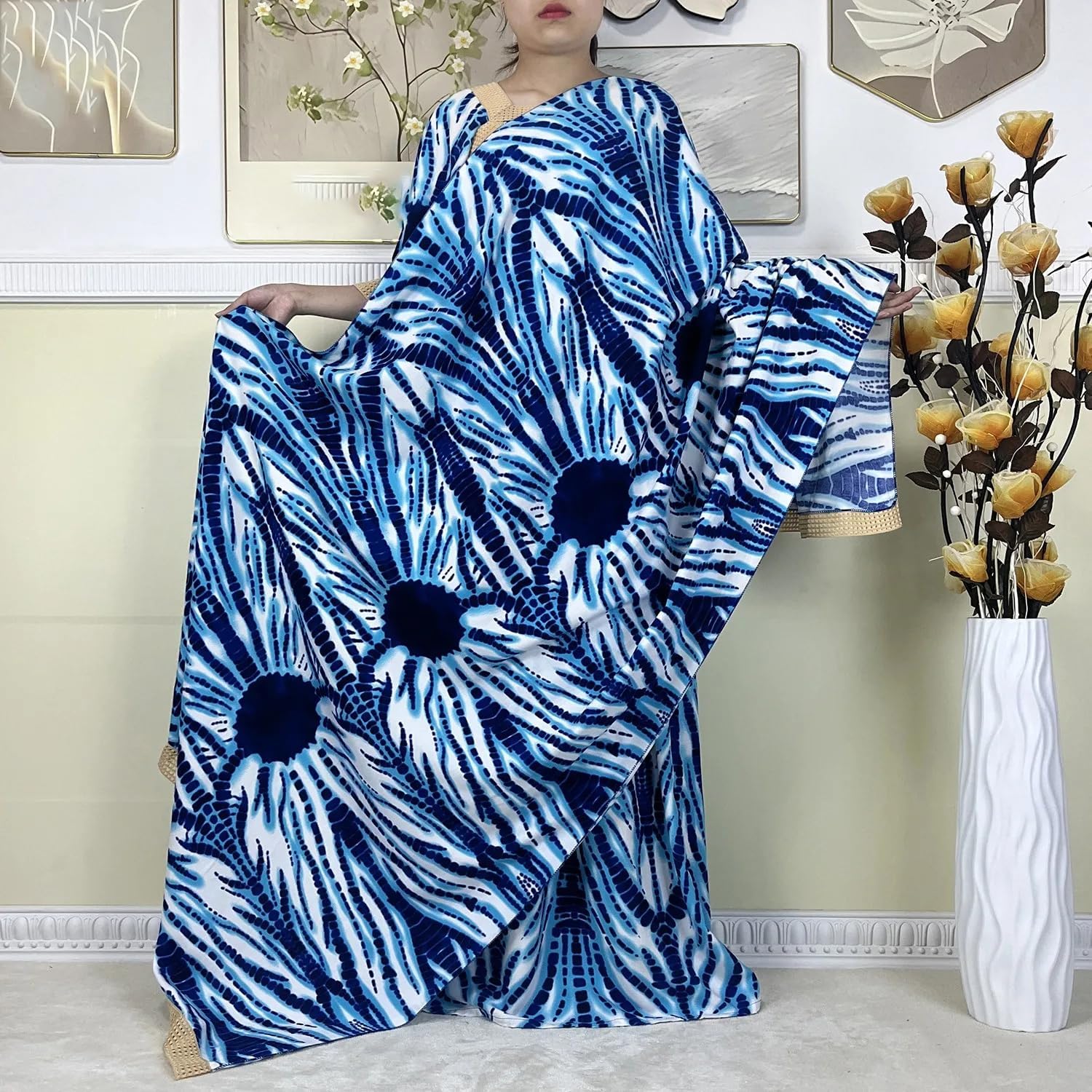 Abayas for Women Clothing Dubai Neck Cotton Embroider Femme Loose Robe with Big Scarf