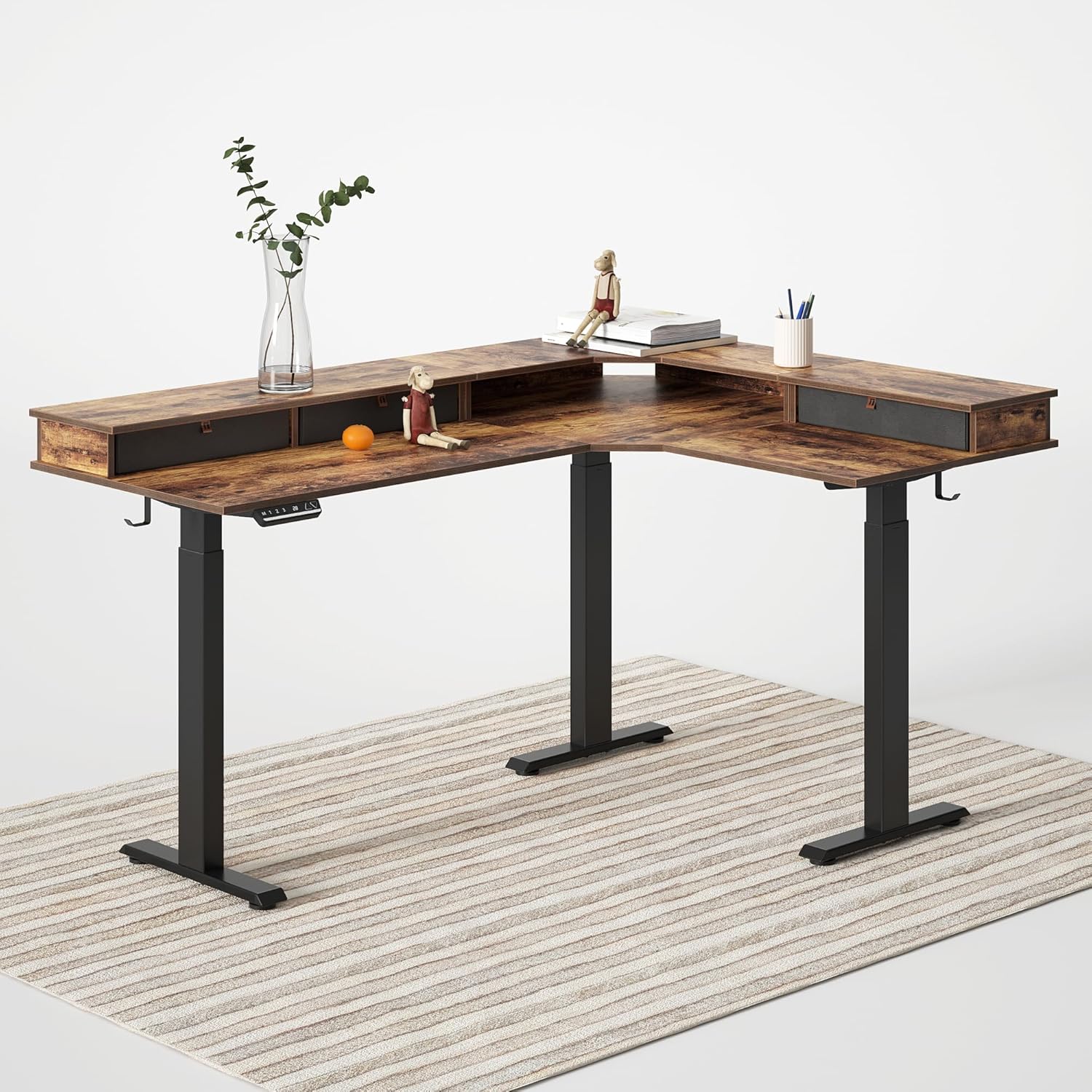 CubiCubi Triple Motor 63" L Shaped Standing Desk With 3 Drawers, Electric Adjustable Height, Corner Stand Up - Rustic Brown