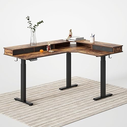 CubiCubi Escritorio de pie en forma de L con motor triple de 63 pulgadas con 3 cajones, altura ajustable eléctrica, soporte de esquina, marrón