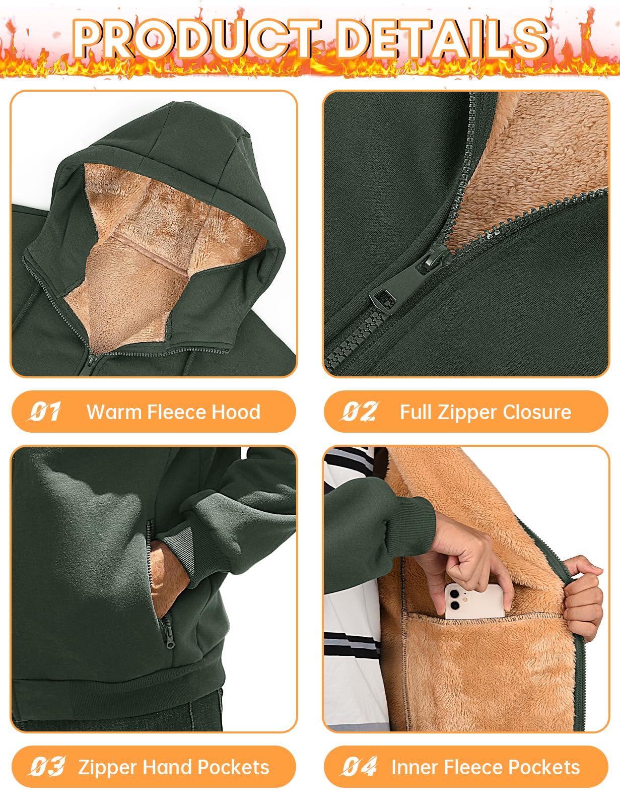 PASUDA Felpa Uomo con Cappuccio Invernale Felpa in Pile con Zip Felpe Giacca Manica Lunga Casual Comoda a Calda Hoodie Cappotto con Tasche Inverno