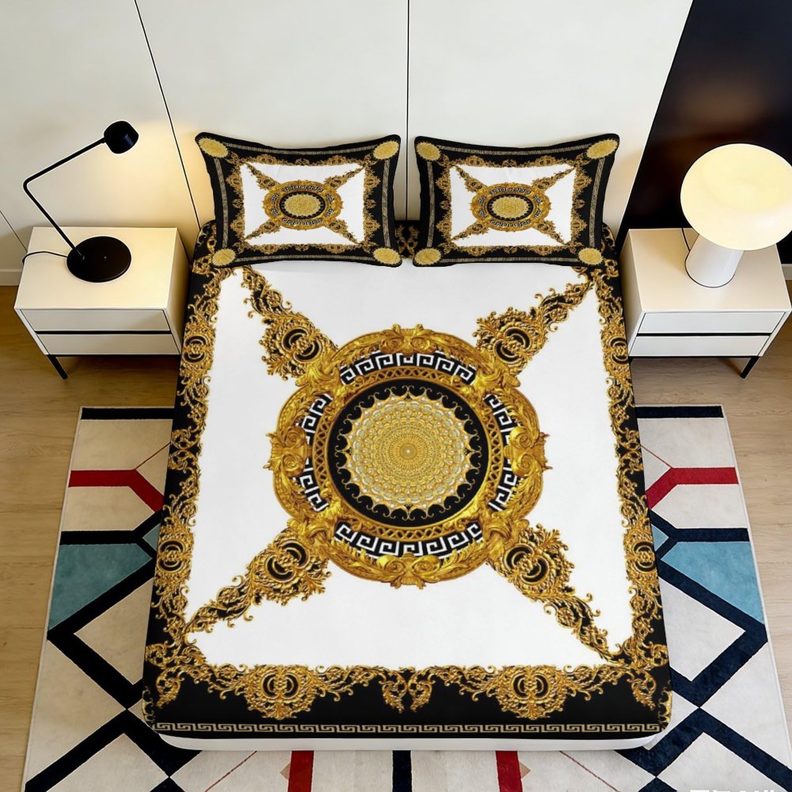 Pnayamiorkfel Style-2 3D Printed Baroque Gold Medallion Fitted Sheet Microfiber White Black Bed Cover For Bedroom Guest Room Decor 90X200x25cm