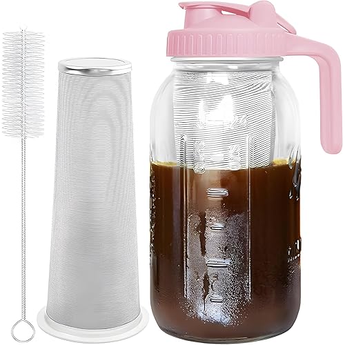 JunVpic Cold Brew Coffee Maker Jar - 64oz Thick Glass Multipurpose Mason Pitcher Spout Lid with Handle & Stainless Steel Filter for Iced Coffee, Lemonade, Ice Tea, Homemade Fruit Drinks Container - 64 Ounces - Pink