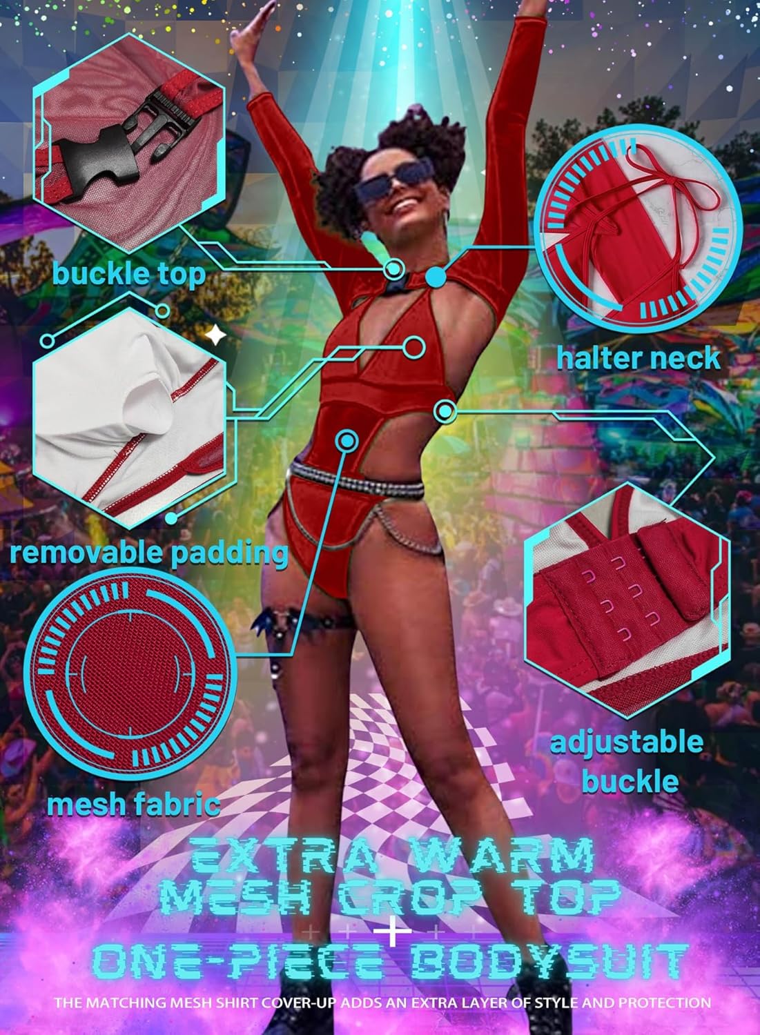 Rave Outfits for Womens - EDC Festival Neon Bodysuit Long Swimsuits Mesh Buckle Shrug Crop Top Club Party 2 Pcs Set - Image 3