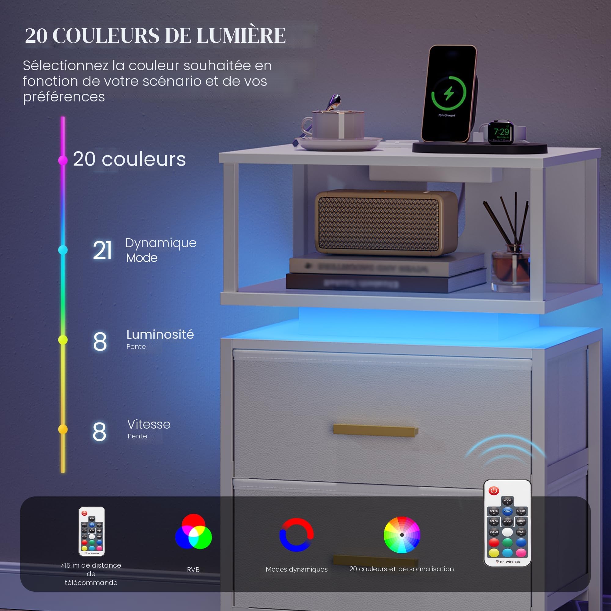 HEXCELEN Table de Chevet, Lot de 2, Table de Chevet Éclairée, 2 Tiroirs et Compartiment Ouvert, Tables d’appoint avec Ports USB et Prises, pour Chambre à Coucher, Salon, 30,1 x 40,2 x 62,1 cm Blanc