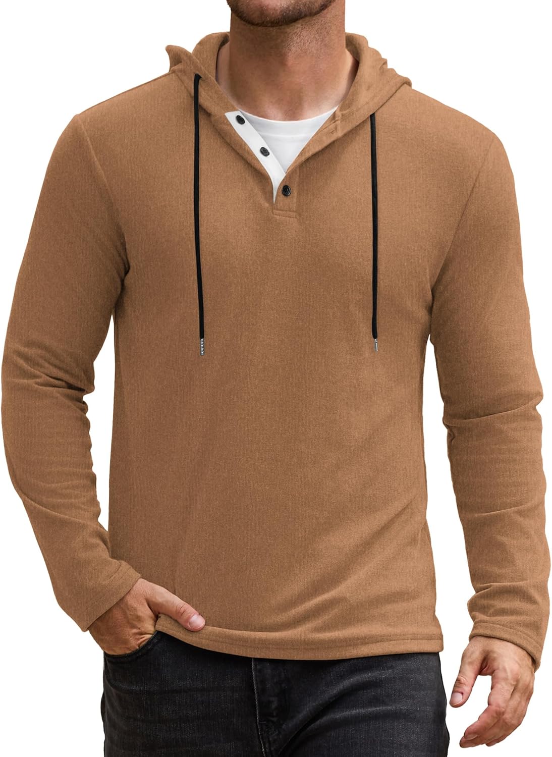 Vssjavun Mens Hoodie Pullover Long Sleeve Casual Henley Shirts Slim Fit Hooded Athletic Shirt with Drawstring