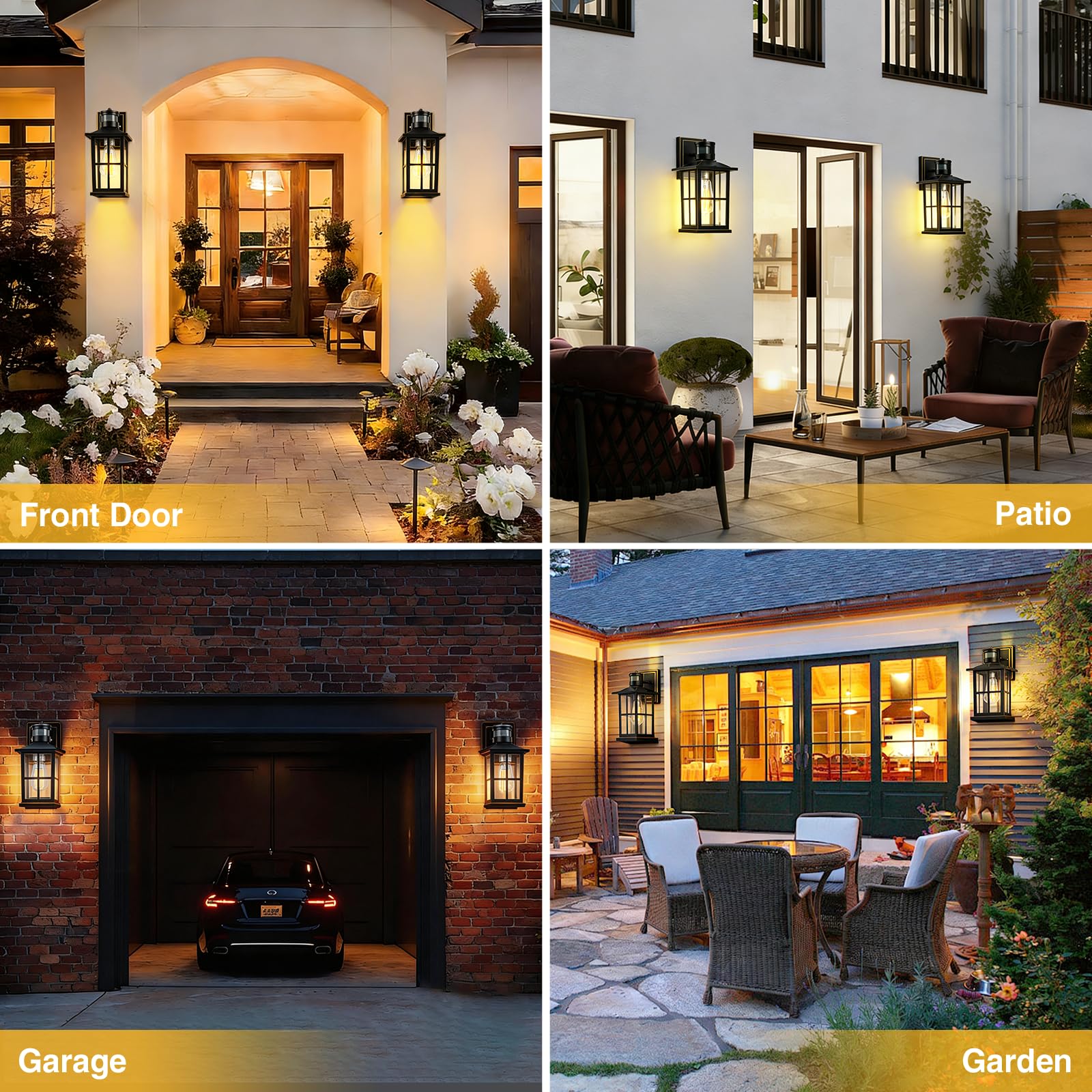 Confezione da 2 luci da esterno con sensore di movimento per portico, lanterna da parete esterna nera, luci da parete per esterni dal tramonto all'alba, impermeabile, per garage, patio, casa.