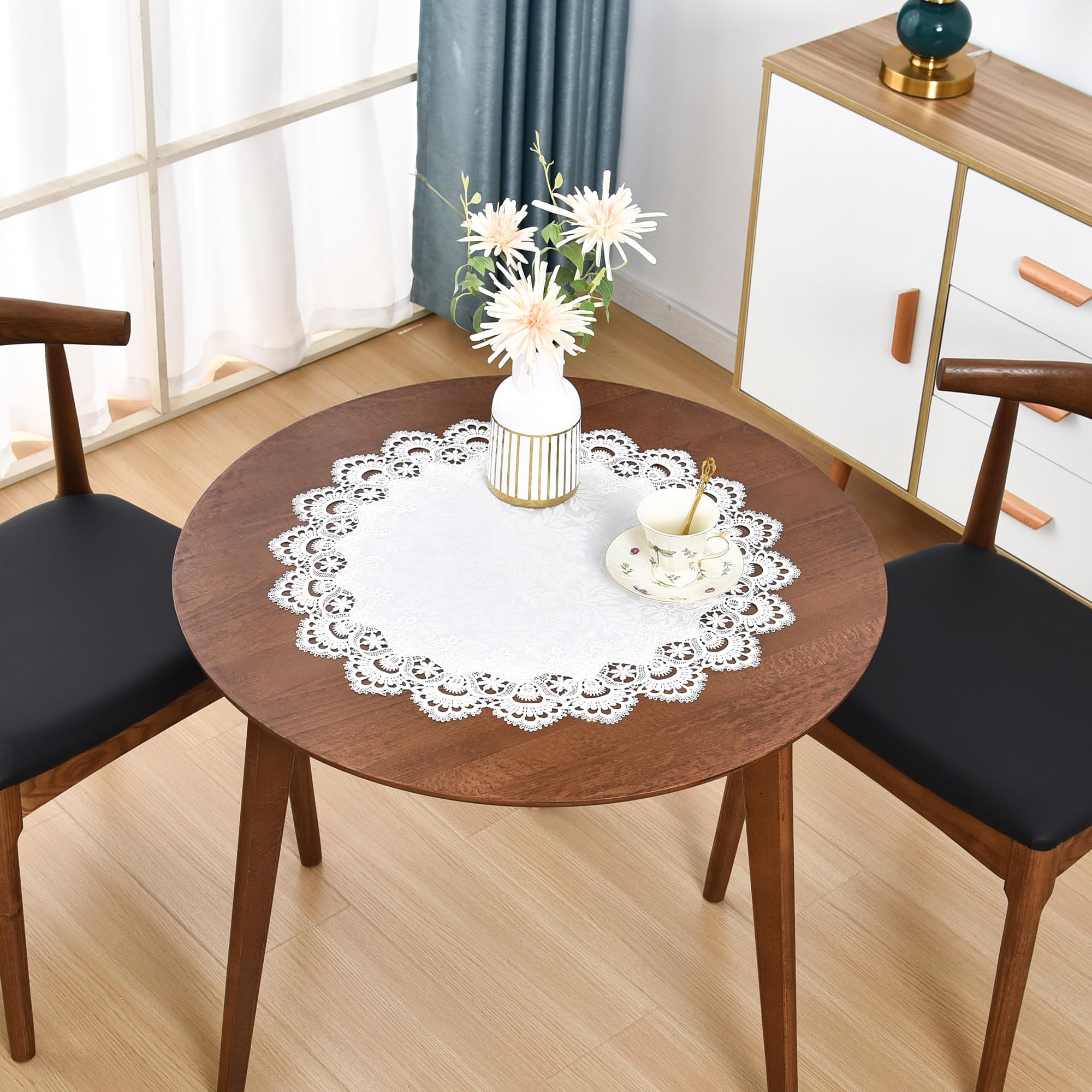 Elegant White Lace Jacquard Round Doily Tablecloth Table Topper Decoration Cover for Home Dresser Scarf and Table Centerpiece 24 Inch