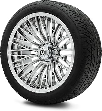 MODZ Reaper Chrome 16" Golf Cart Wheels and Odyssey Tesseract 225/40-16 DOT Steel-Belted Radial Golf Cart Tires Combo - Set of 4