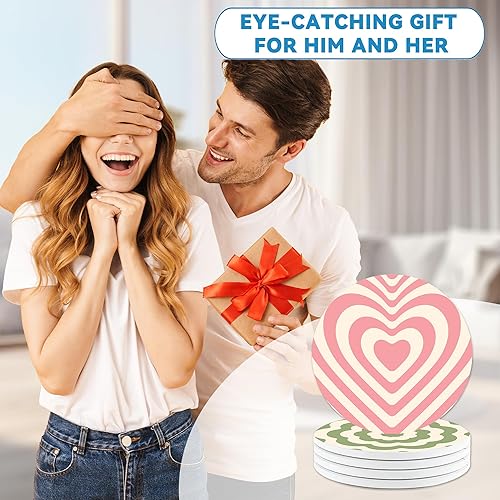 Miniatura 6 de Juego de 4 posavasos redondos con patrón de ondas Groovy, de 4 pulgadas, posavasos absorbentes de piedra de cerámica con base de corcho, bonitos