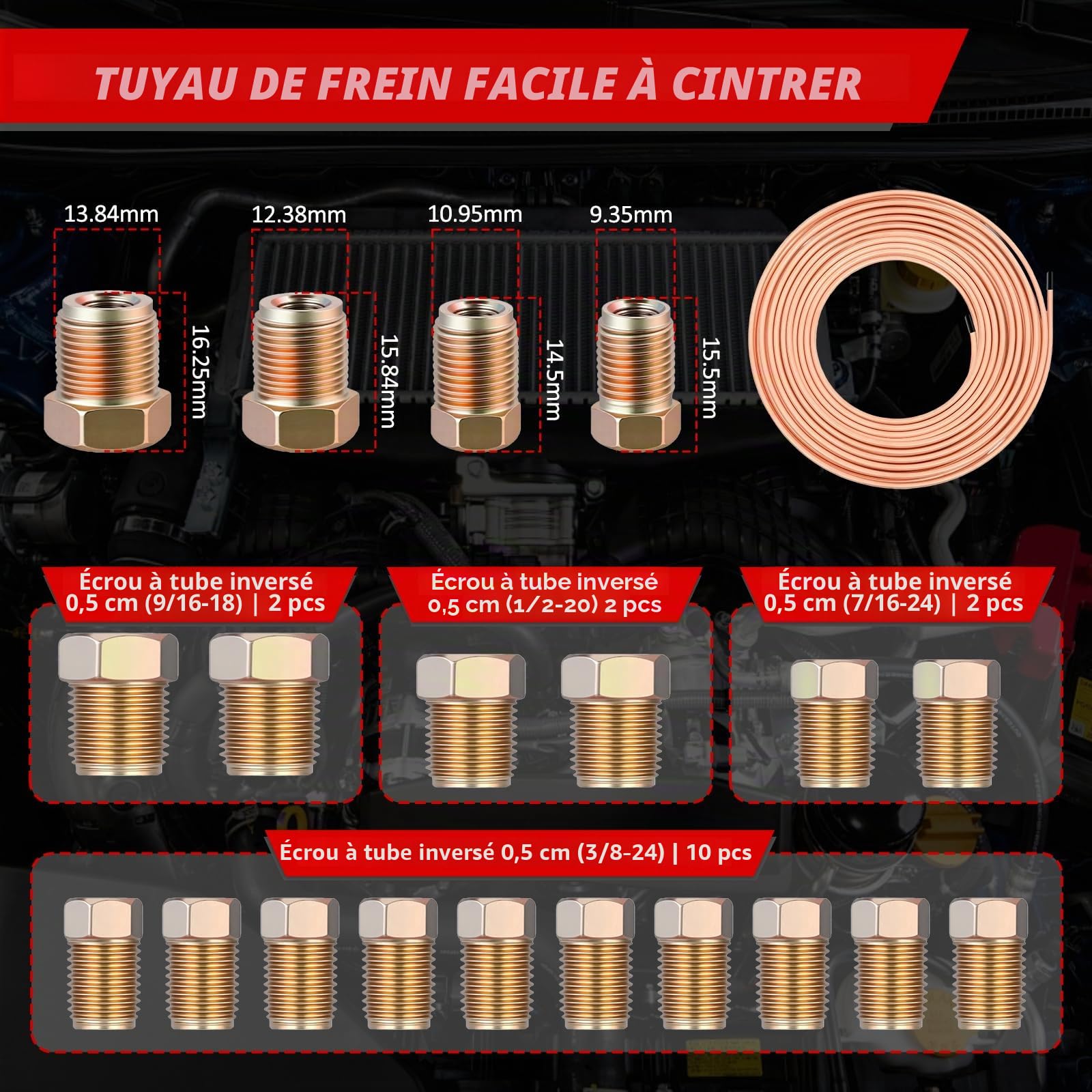 KAOLALI Kit Tuyau Frein Voiture, Ligne Frein en Acier Cuivré 7.6 M, Ø4,75mm, avec 16 Raccords + 4 Connecteurs, 3 en 1 Cintreuse Tube Cuivre, IdéAl pour Les SystèMes De Freinage Hydrauliques De Voiture
