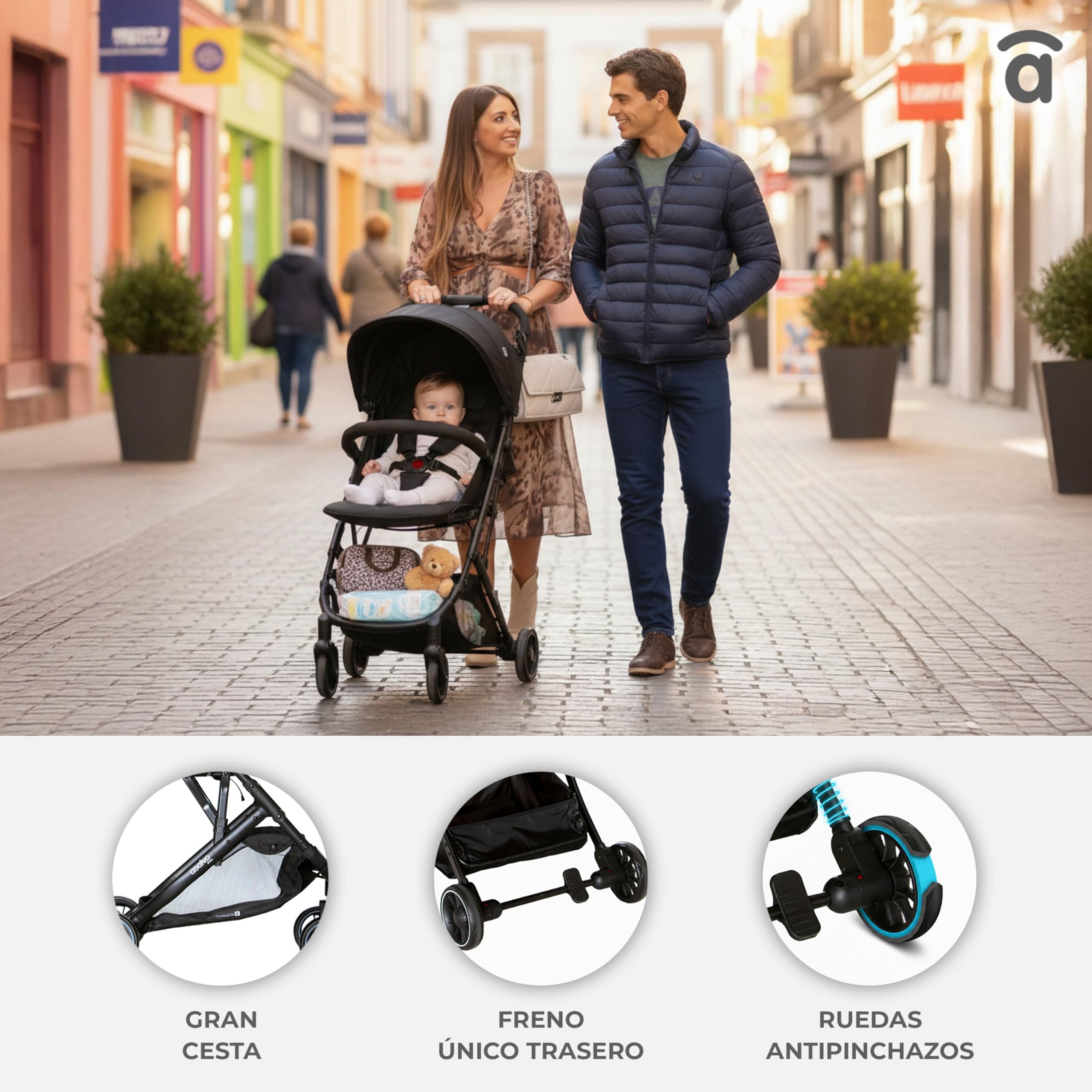 Asalvo TUMBUCTU Poussette ultra légère pour bébé, dossier inclinable, poussette urbaine, harnais 5 points, SPF50+, capote avec fenêtre, maniable, dès la naissance jusqu'à 23 kg, noir