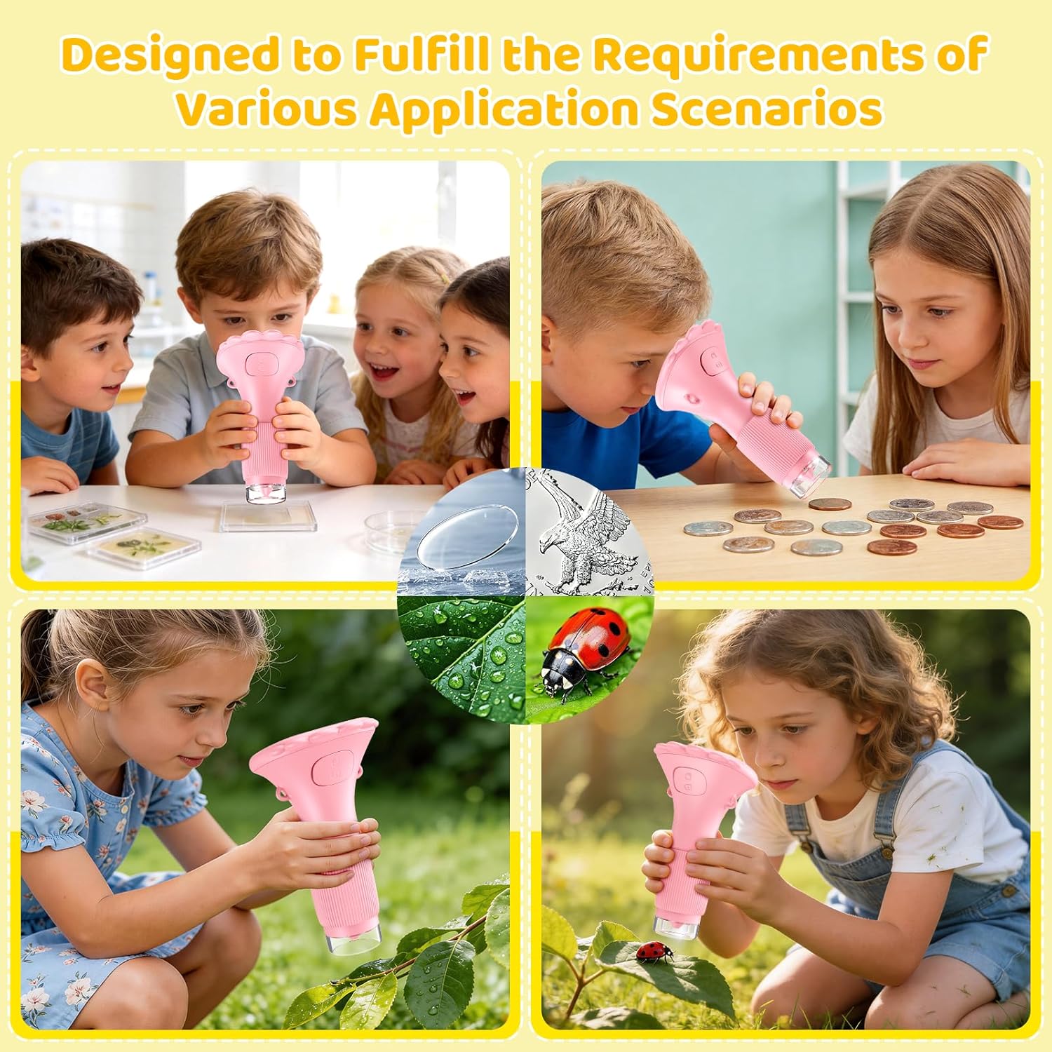 Kids Magnifying Glass, 2.0 Inch Digital Screen Mini Pocket Microscope for Bug - 200x Zoom Handheld Microscope with Adjustable Lights, Edu Birthday Gifts for Age 3-12 Girls