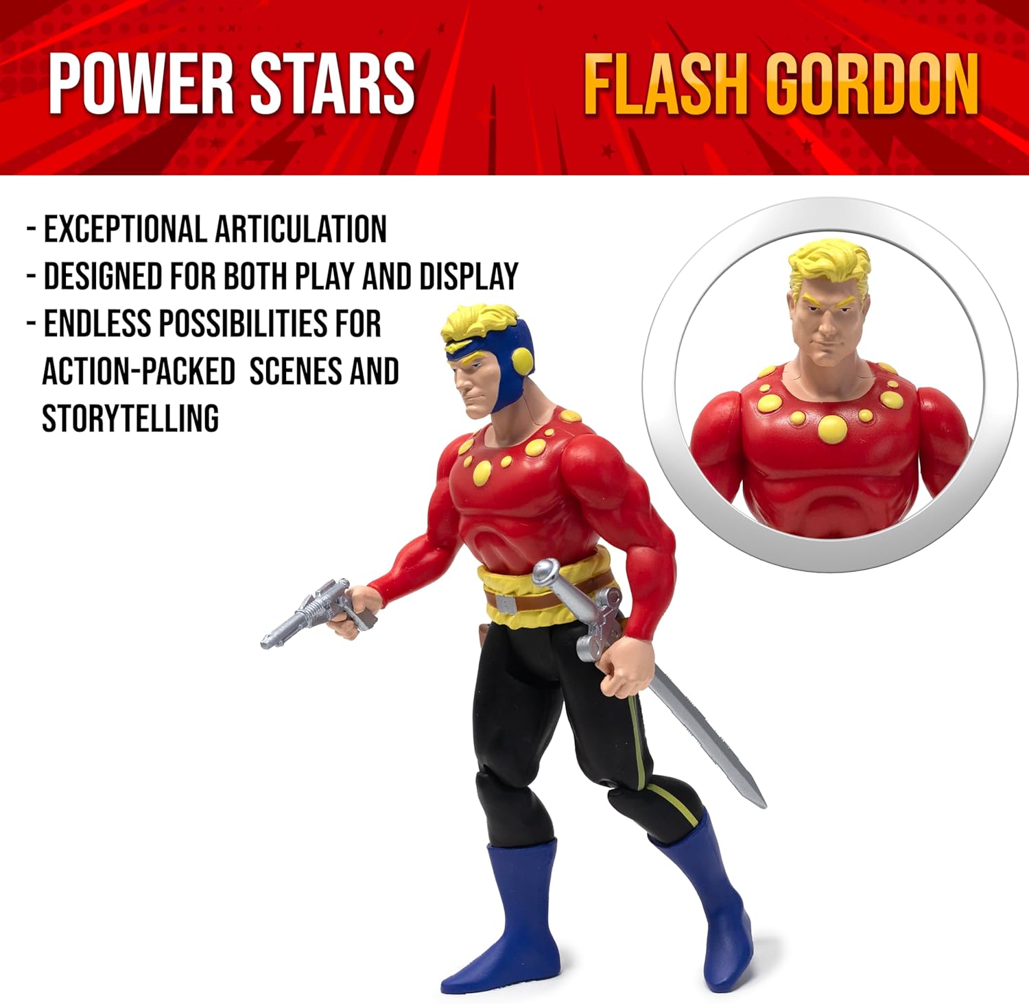 Boss Fight Studio Flash Gordon, King Features Comics Power Stars Collectible Action Figure – Retro-Style Figurine with Accessories, Detailed Sculpting, and Custom Artwork Blister Card – 5” Tall