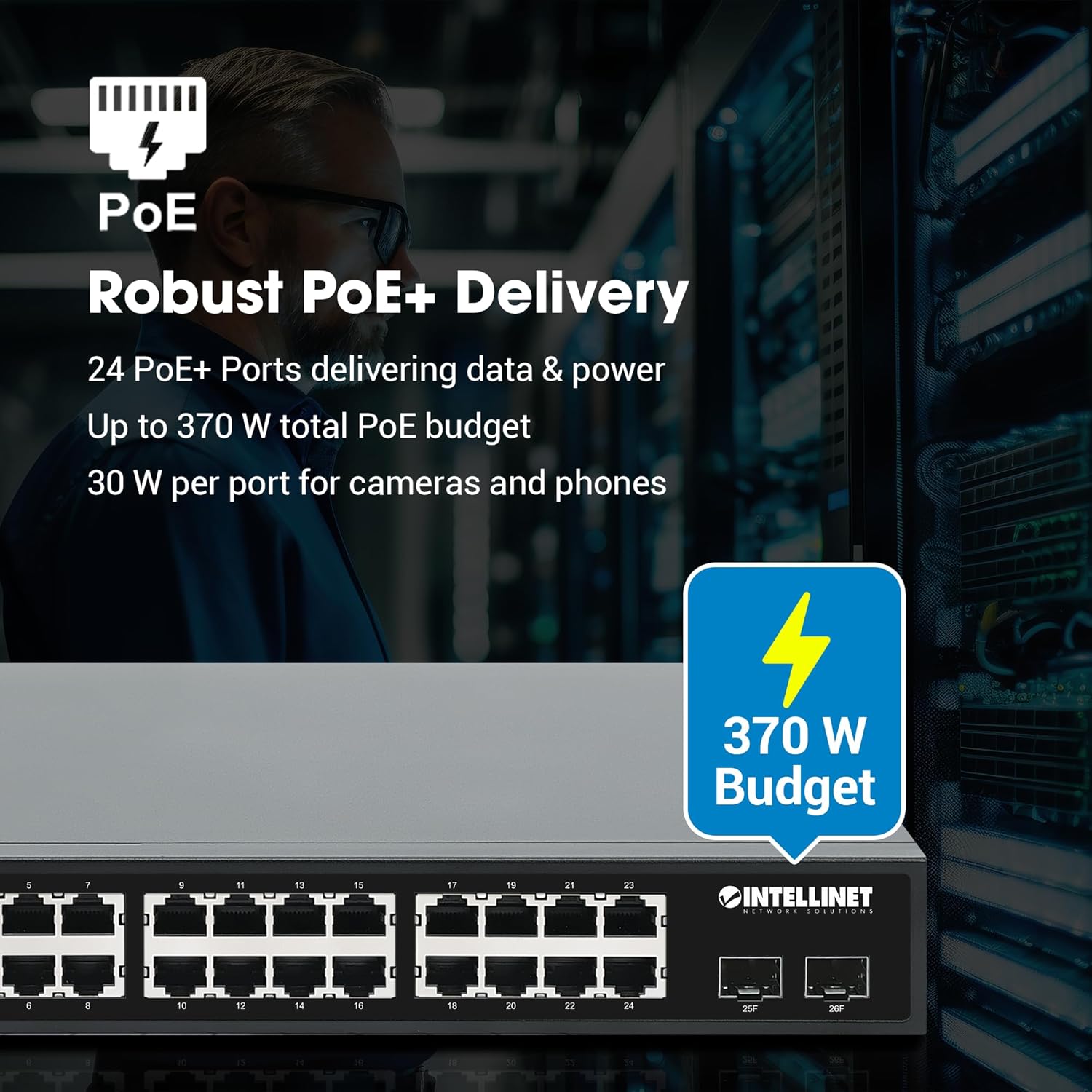 Intellinet 24-Port Unmanaged PoE+ Gigabit Ethernet Switch - 370W Power Budget, 2 x 1Gbps SFP Ports, Rackmount / Desktop, Autosensing Ports, Sturdy Metal – 3 Yr Mfg Warranty - 561891