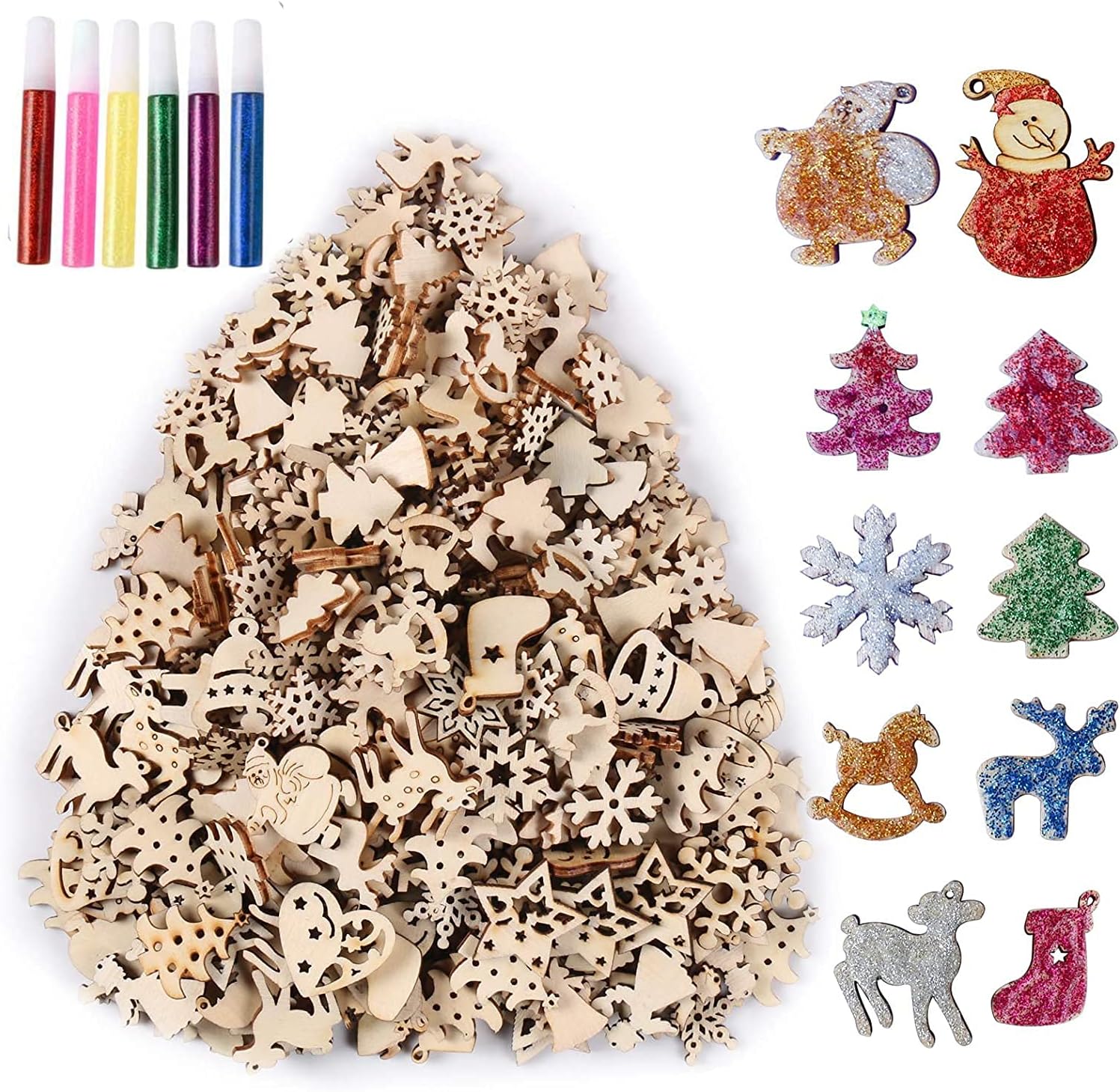 450 Pieces Unfinished Wood Christmas Ornaments, Aweyka Wooden Slices Different Shapes Handmade Christmas Series Embellishments with 6 Colors Pigment for Christmas Decoration, DIY Craft and Card Making