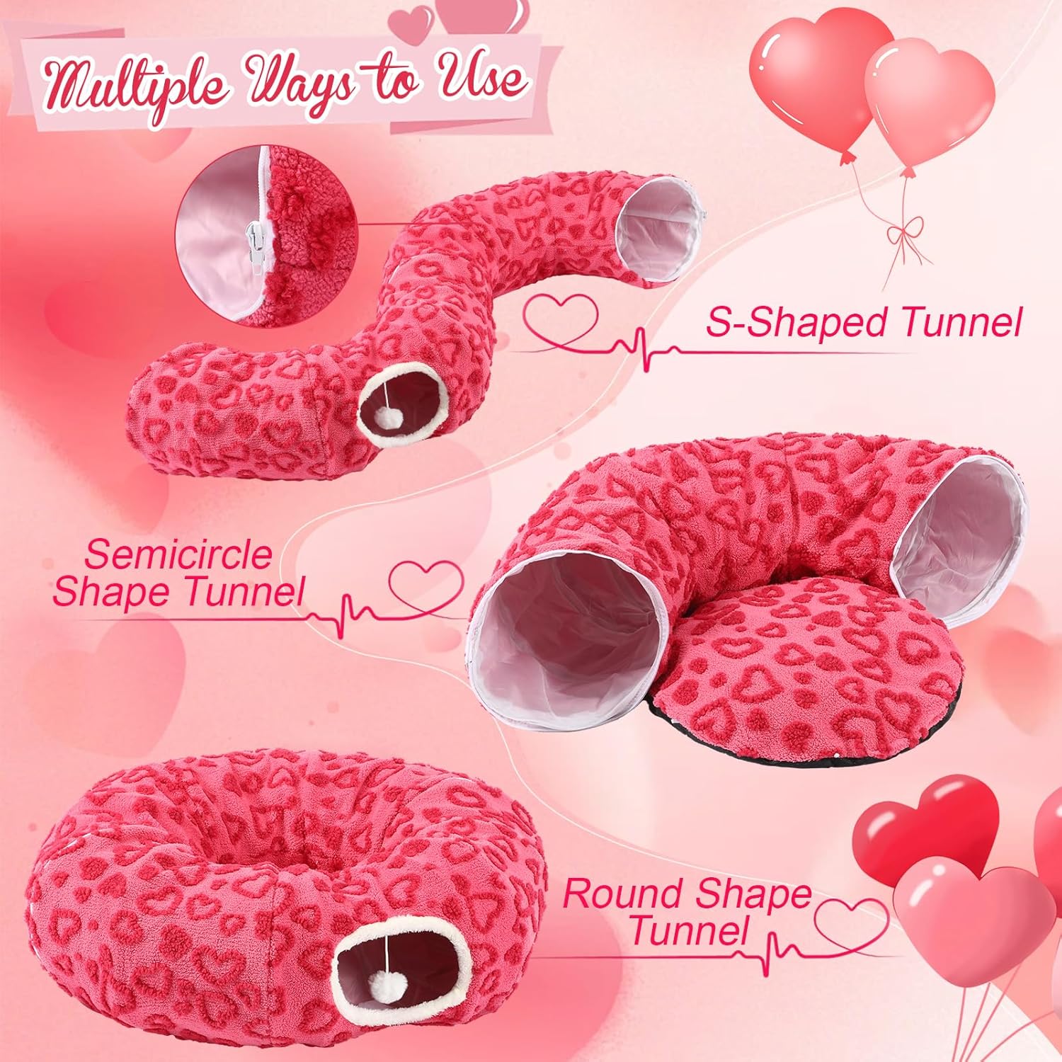 Novabright Valentines Day Cat Tunnel Bed 2.6ft x 2.6ft x 10in Pet Donut Tunnel Foldable Pet Cave Toy Valentine Style with Heart Patterns for Indoor Cats for Small Animals Kitten