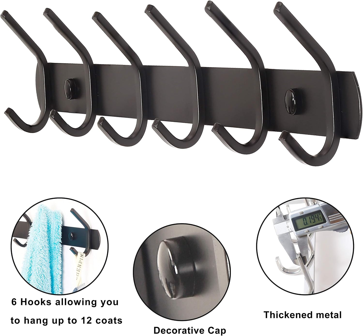 SKOLOO Coat Rack Wall Mounted, Heavy Duty Metal Coat Rack Hook for Coats Towel Robes Purse Hat, Black