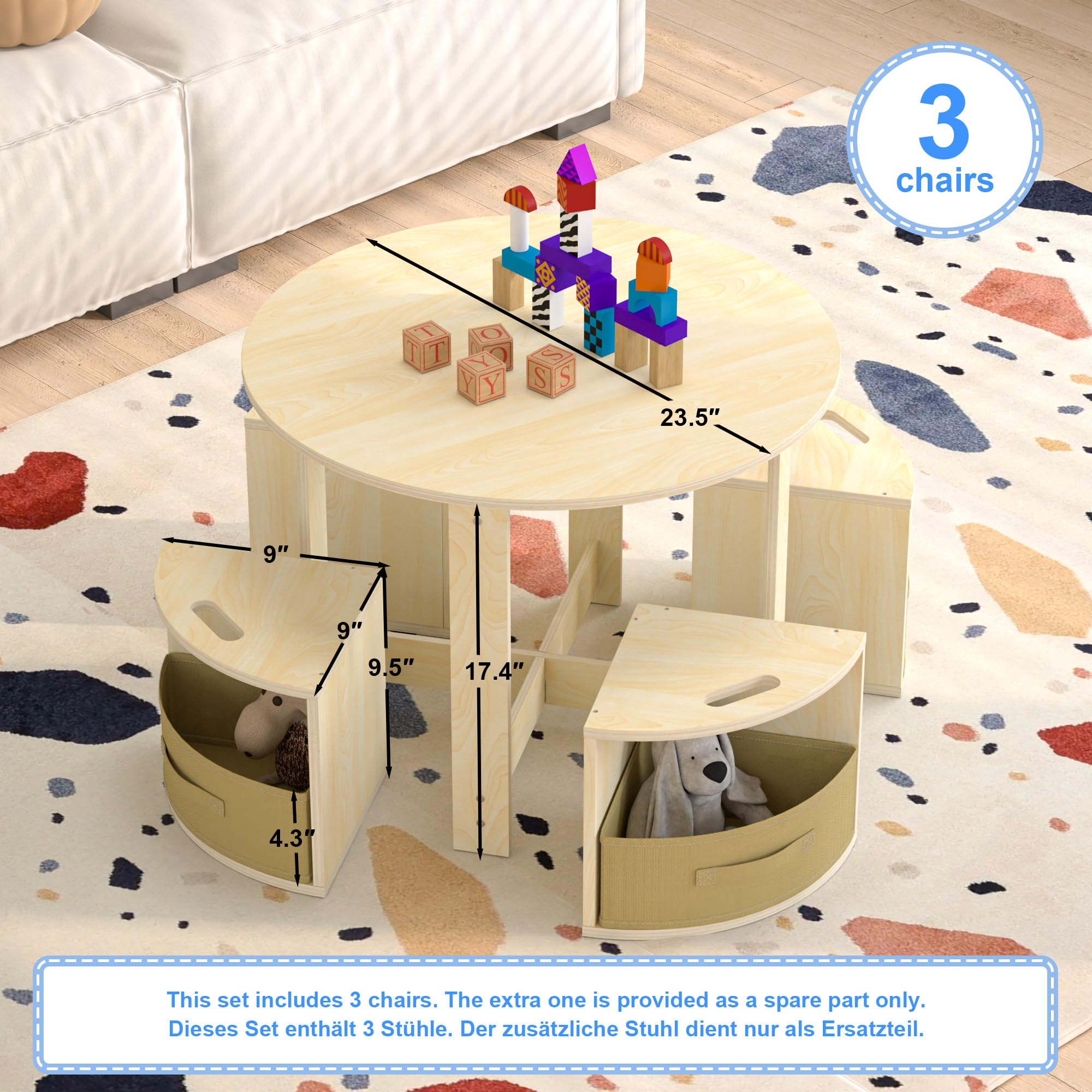 Puecrof Table pour enfant avec 4 tabourets et espace de rangement - Salon rond en bois pour chambre d'enfant, jeu et bricolage - Design peu encombrant en blanc naturel