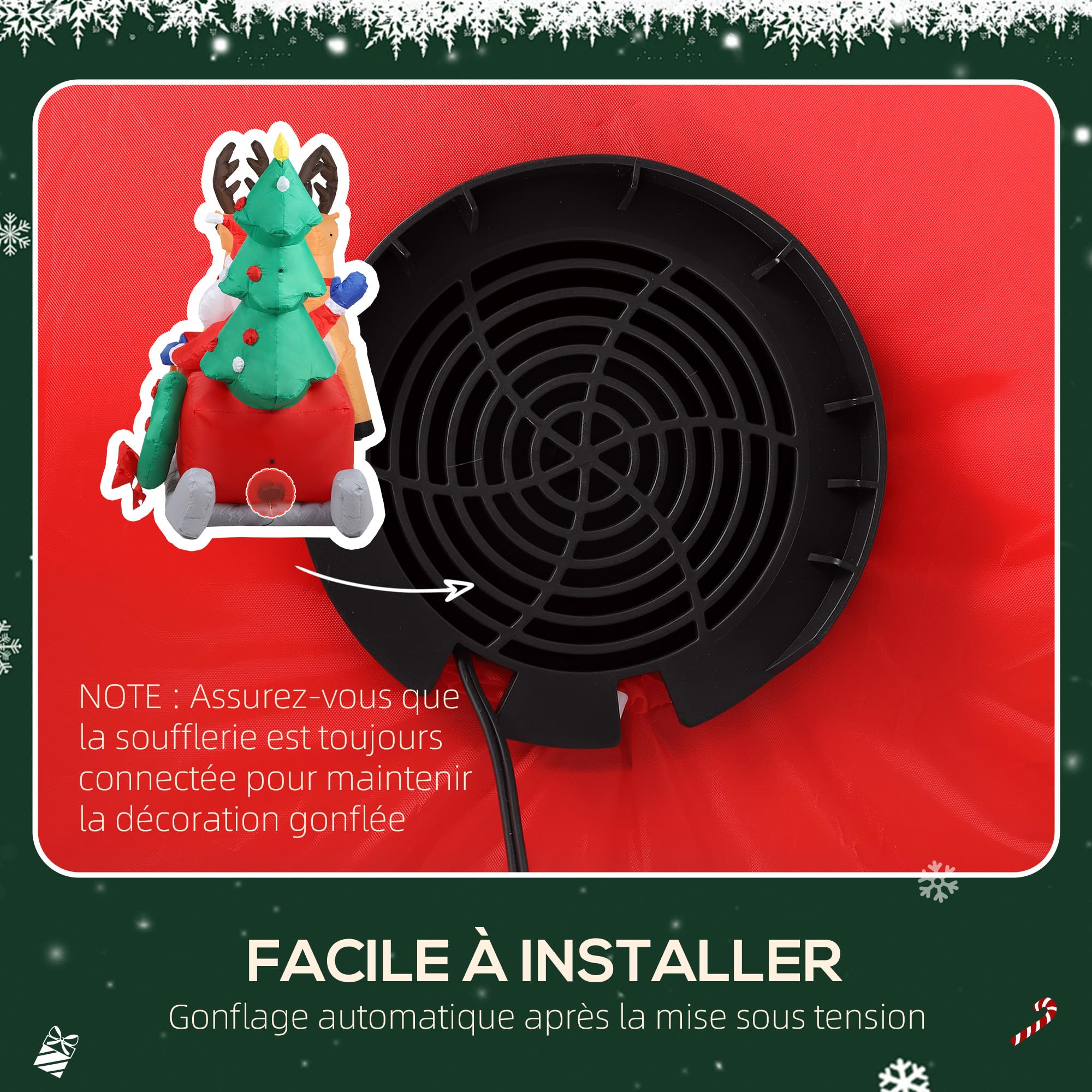 Outsunny Père Noël Gonflable de 2,1 m sur traîneau avec Deux Rennes | Décoration de Noël Gonflable, Lumières LED Intégrées, pour Jardin, Décoration Intérieure et Extérieure