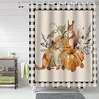 Vista 2 de Cortina de ducha a cuadros de búfalo negro calabaza para baño, cortinas de baño con girasoles y ardillas con ganchos, tela de poliéster impermeable