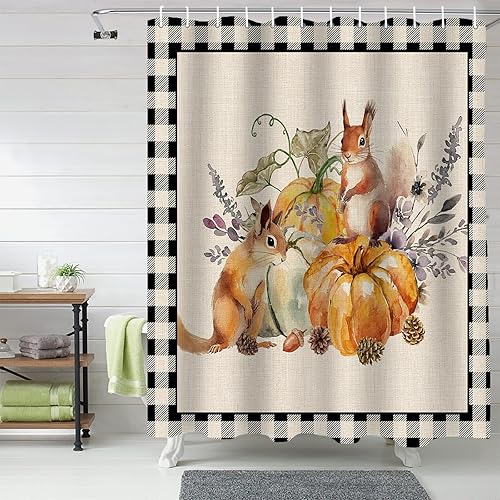 Miniatura 2 de Cortina de ducha a cuadros de búfalo negro calabaza para baño, cortinas de baño con girasoles y ardillas con ganchos, tela de poliéster impermeable,