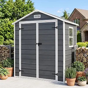 6x4 FT Outdoor Storage Shed with Interior Shelf, Resin, Lockable Door, Reinforced Floor, Window, Vent, Waterproof, Gray