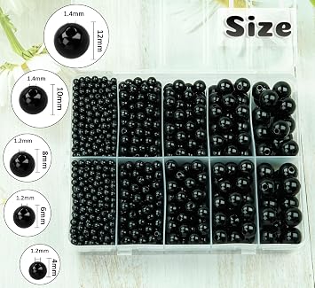 GerRiT ジュエリー作りのためのアクリルラウンドビーズ、キャンディーカラープラスチッククラフトビーズ穴付き 4mm 6mm 8mm 10mm 12mm ルーススペーサー ネックレス ブレスレット イヤリング リング チョーカー ウェディド 装飾 ブラック