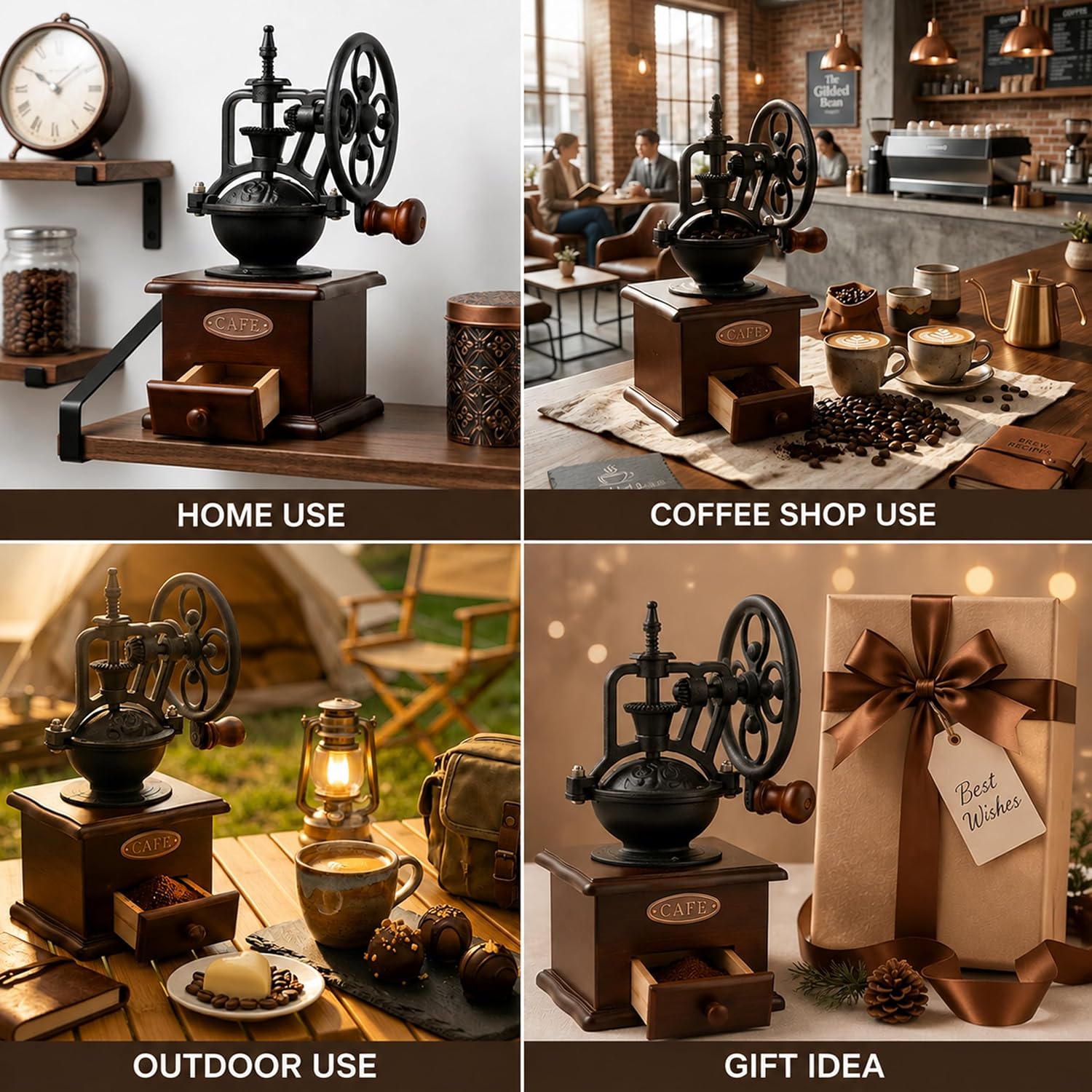 Manual Coffee Grinder with Cast Iron Ferris Wheel Hand Crank Vintage Antique Wooden Burr Coffee Mill Ceramic Burr Espresso French Press Decorative Coffee Gifts for Home Baristas (Square)