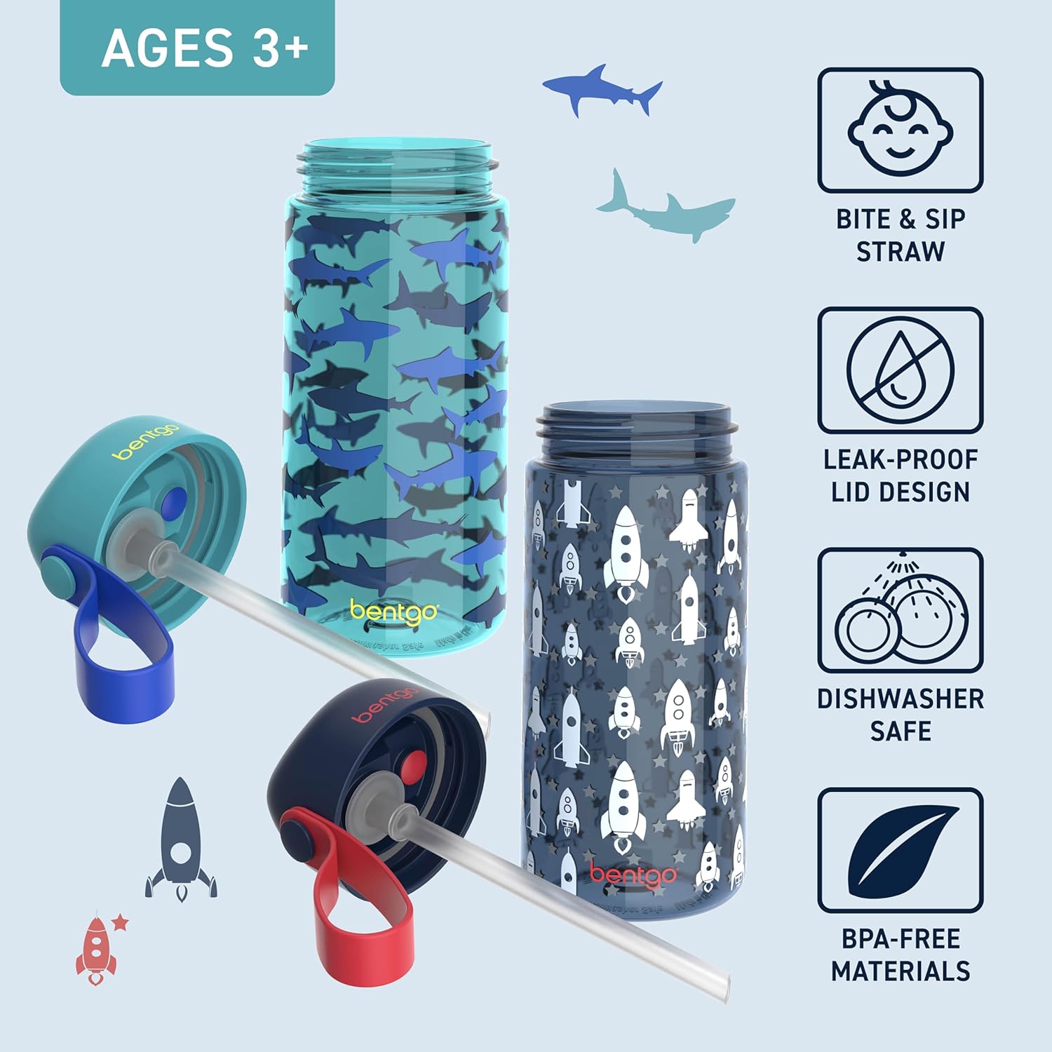 Bentgo Kids Water Bottle 2-Pack - Leak-Proof Durable Tritan BPA-Free 15 oz Cup for Kids/Toddlers Ages 3+; Bite & Sip Spout + Dishwasher Safe for School/Sports/Daycare/Camp (Rocket/Shark)