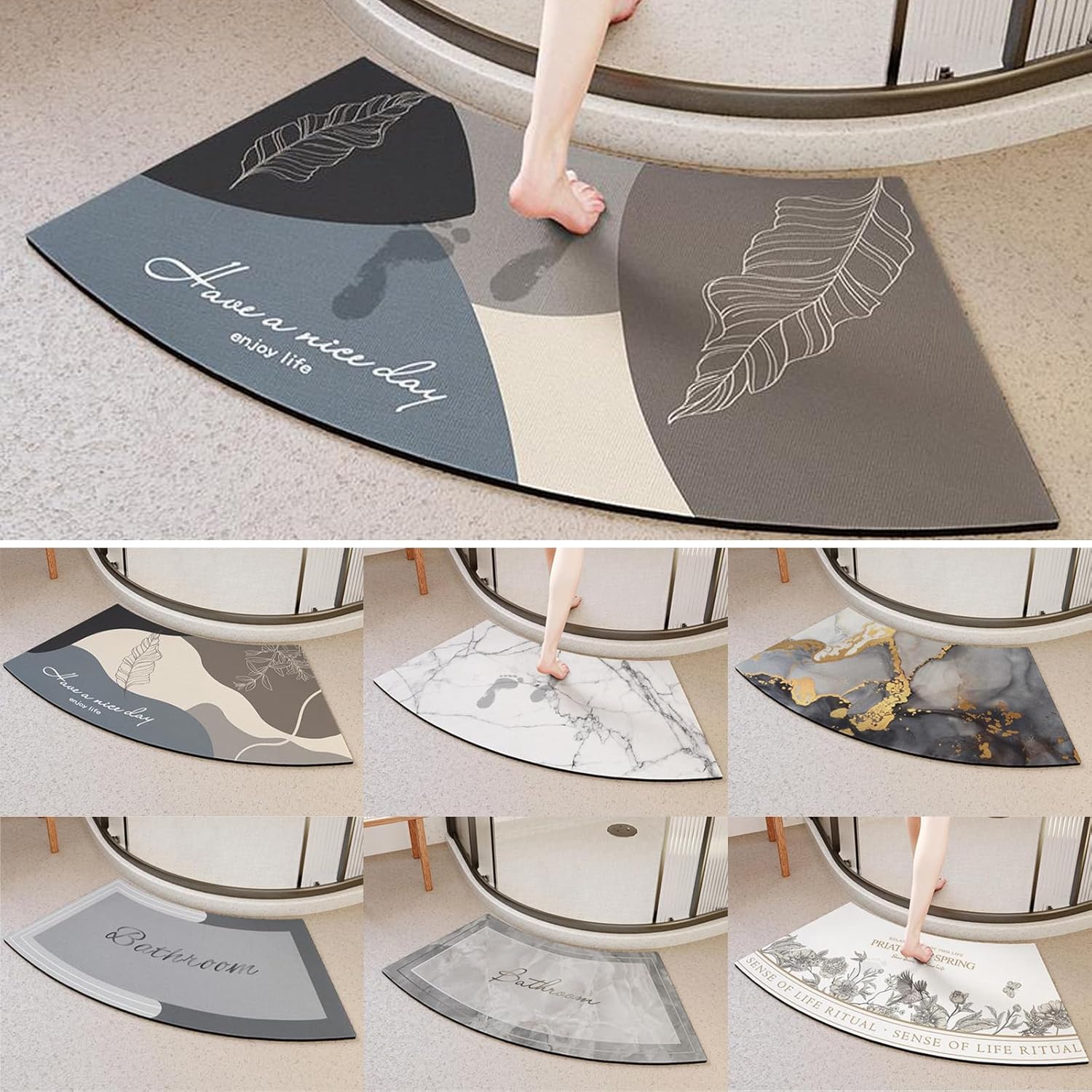 Grey Curved Bath Mat for Round and Corner Showers, Fast Drying, Strong Absorbent, Rubber Non-Slip Bottom, Easy to Clean