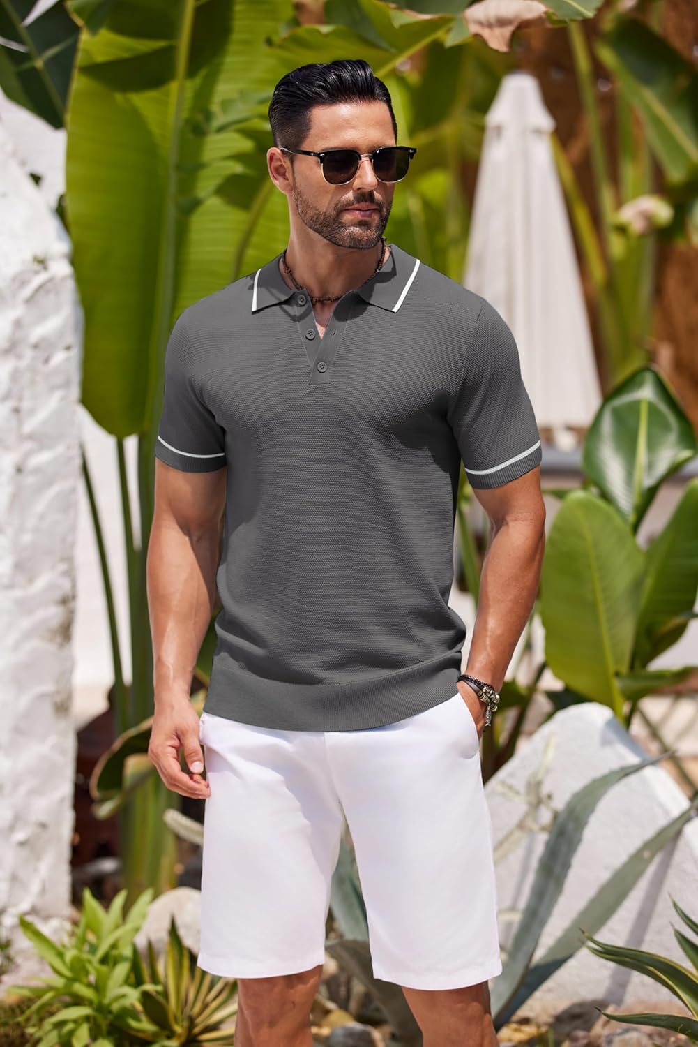 COOFANDY Men's Knit Polo Shirts Casual Short Sleeve Button Down Shirts Crochet Classic Golf Polo Collared Shirts - Image 2