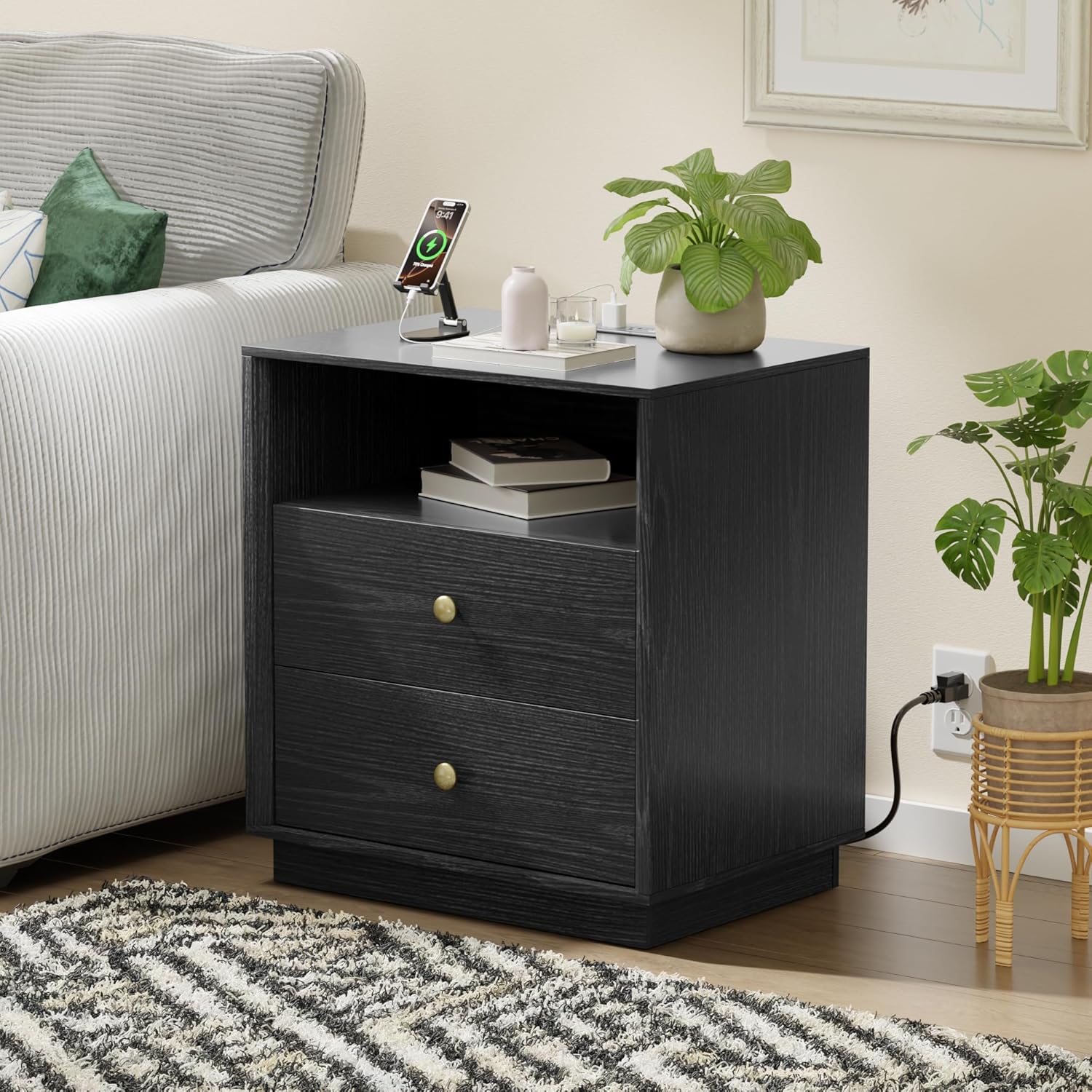 Black Nightstand with Charging Station, Large Bedside Table with 2 Storage Drawer and Open Wood Shelf, Night Stand for Bedroom, Side Table, End Table