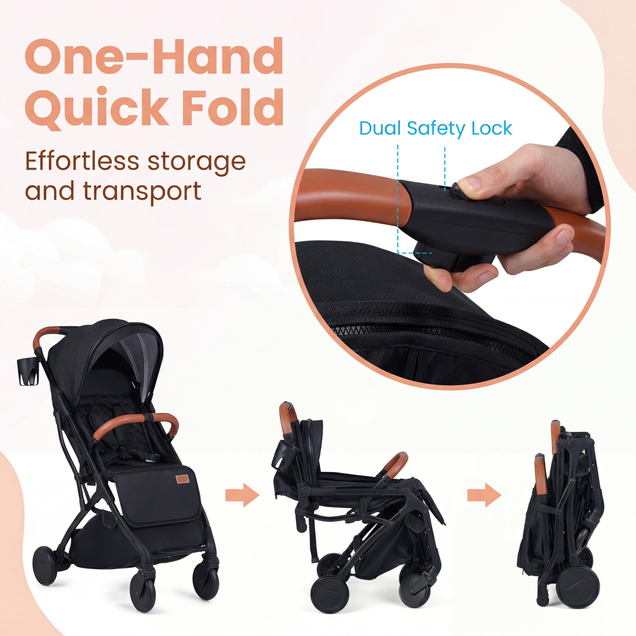 GIANTEX Passeggino Leggero per Bambini e Neonati, Passeggino Pieghevole e Portatile con Ruote, Schienale Regolabile, Tettuccio, Cintura di Sicurezza, Cesto e Copertura Antipioggia (Nero)