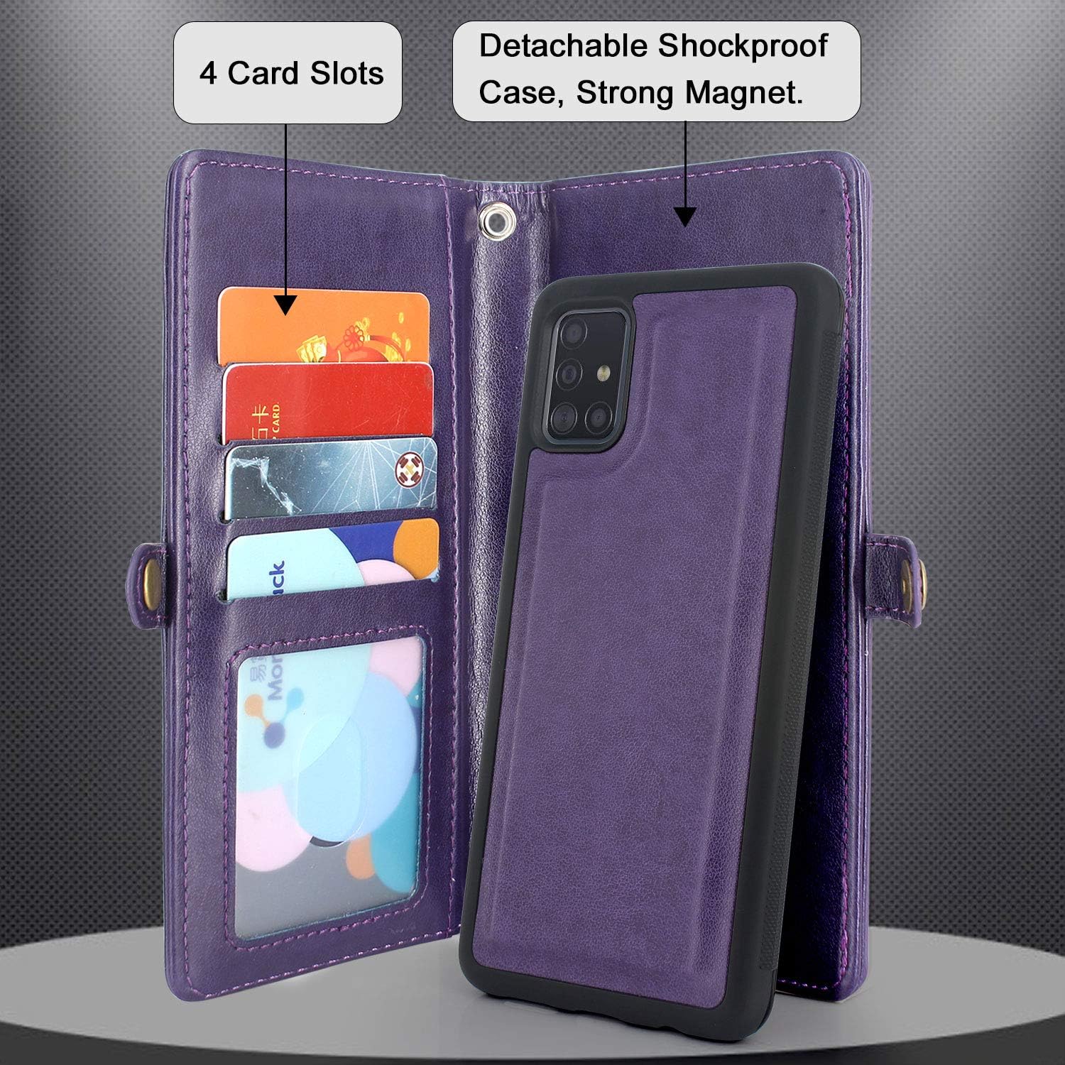 Harryshell Detachable Magnetic 12 Card Slots Wallet Case Shockproof PU Leather Flip Protective Cover Wrist Strap for Samsung Galaxy A51 4G (Not for A51 5G) (Purple)