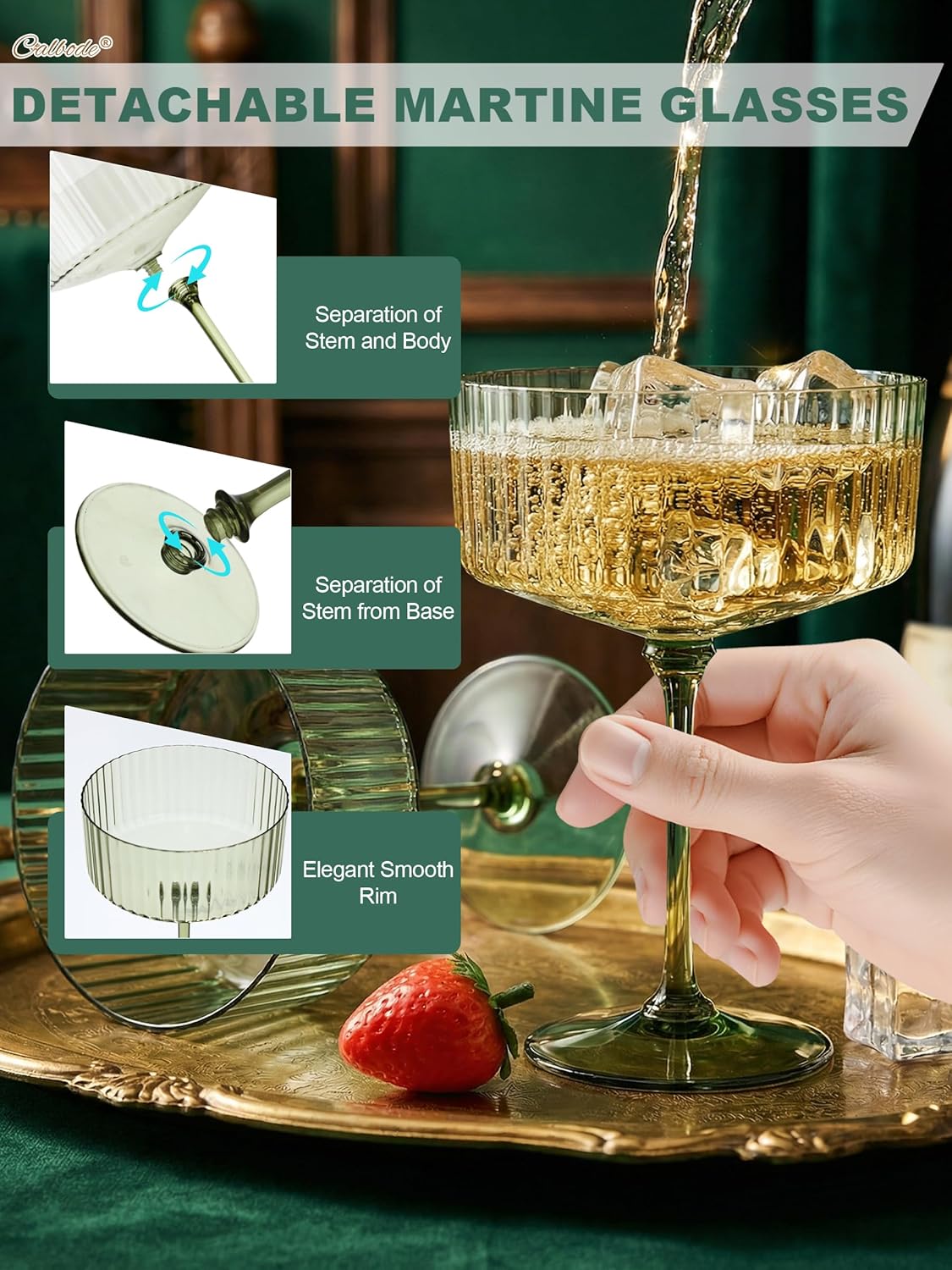 24Pcs Plastic Martini Glasses with Detachable Stems, 10oz Plasitc Champagne Coupe Glasses Green Disposable Cocktail Glassware Set Toasting Glasses for Birthday Party Engagement Wedding - Image 3