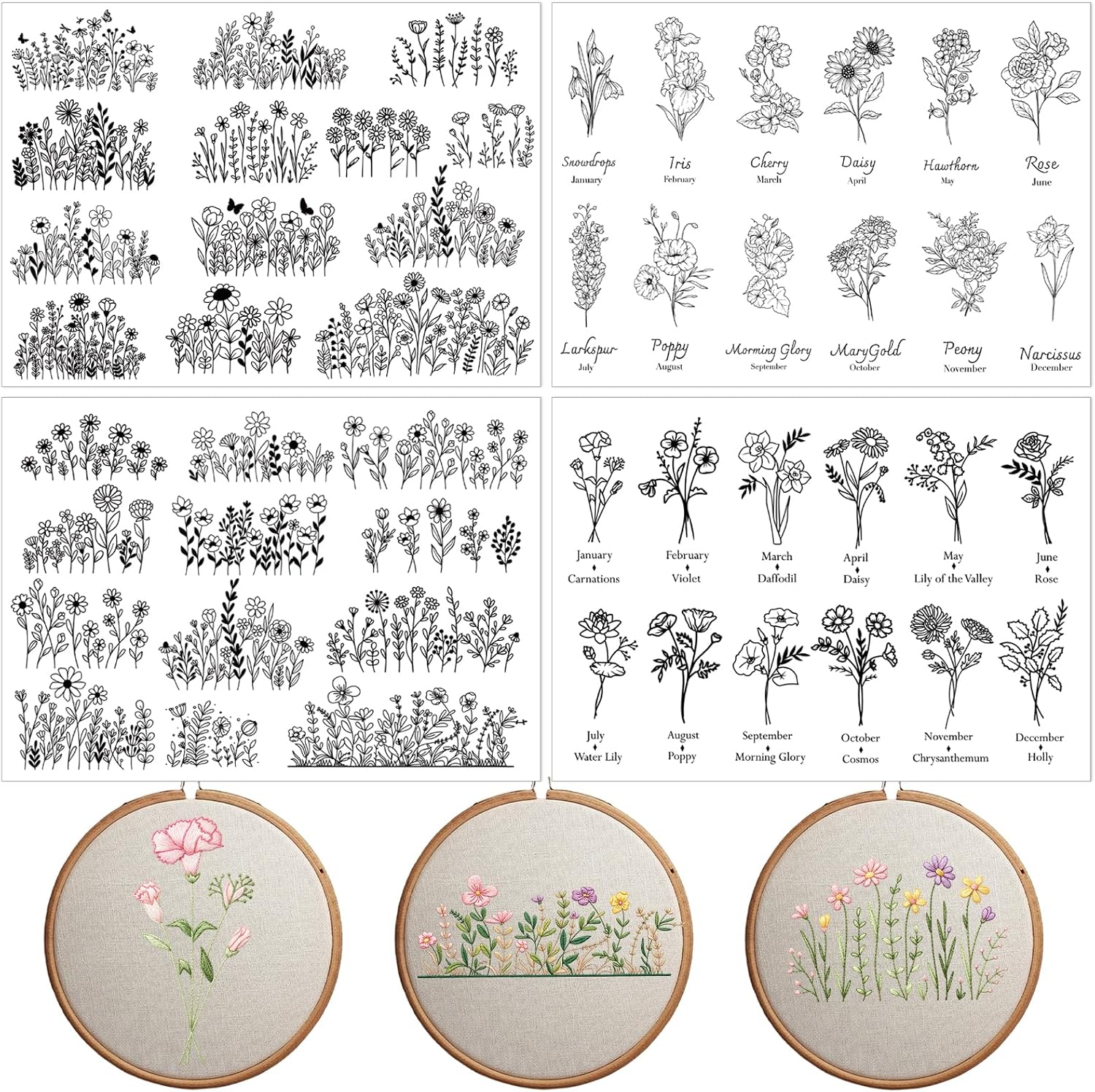 Water Soluble Embroidery Stabilizers for Hat, 4 Sheets Flower Stick and Stitch Embroidery Papers Wash Away, Pre-Printed Floral Farmhouse Pattern Transfers for Hand Sewing Lovers Beginners