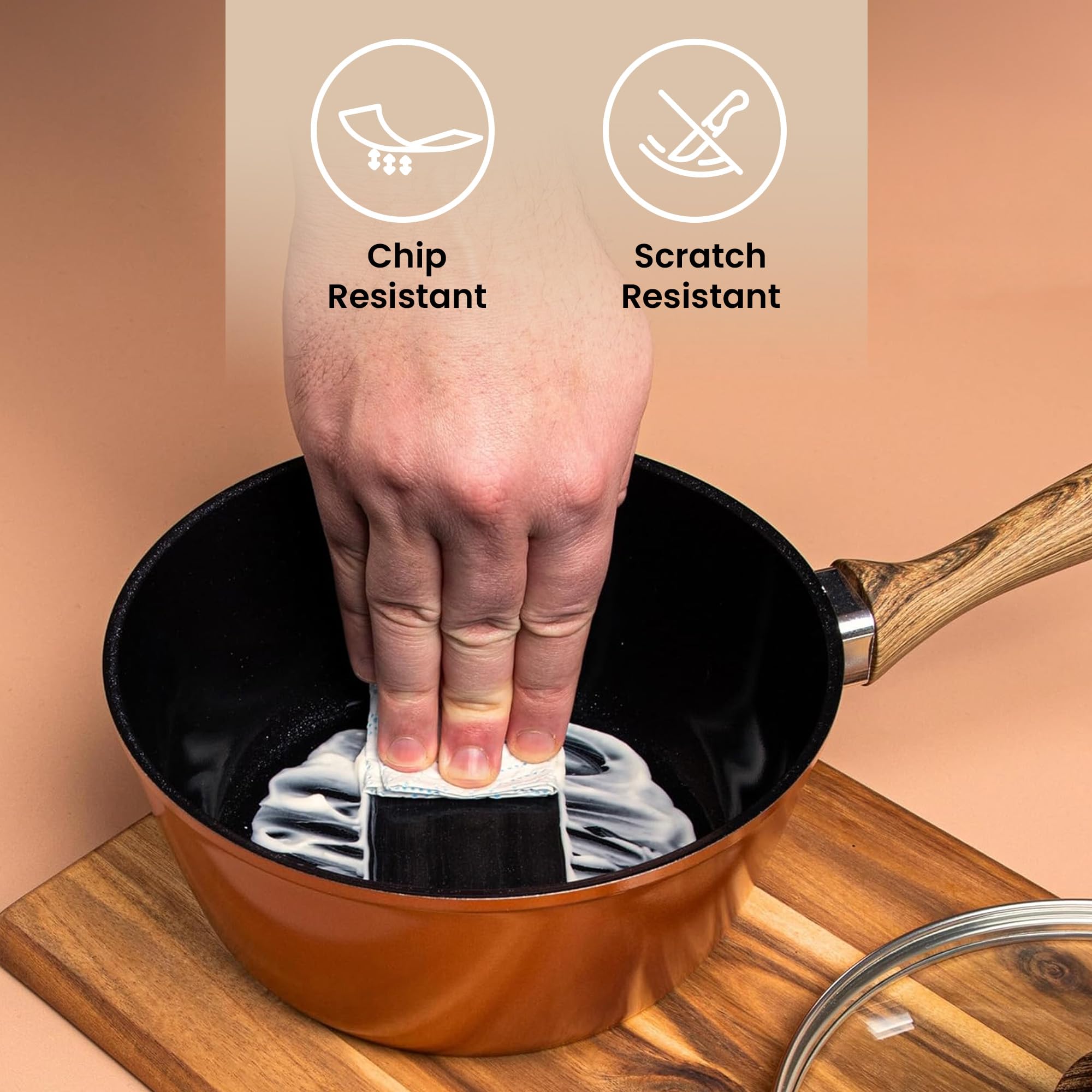 nuovva Antihaftbeschichtetes Kochtopf-Set – Induktionstopf mit Deckel – 3-teiliger Kupfer -Saucentopf – 16 cm, 18 cm, 20 cm Topf-Set