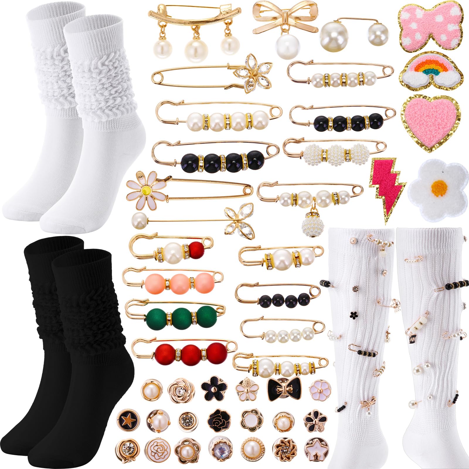 ShyyweenShyyween 47 Pcs DIY Charms with Socks 2 Slouchy Socks 45 Gold Pear Pins Jewelry Charms for DIY Shoes Hat Clothing