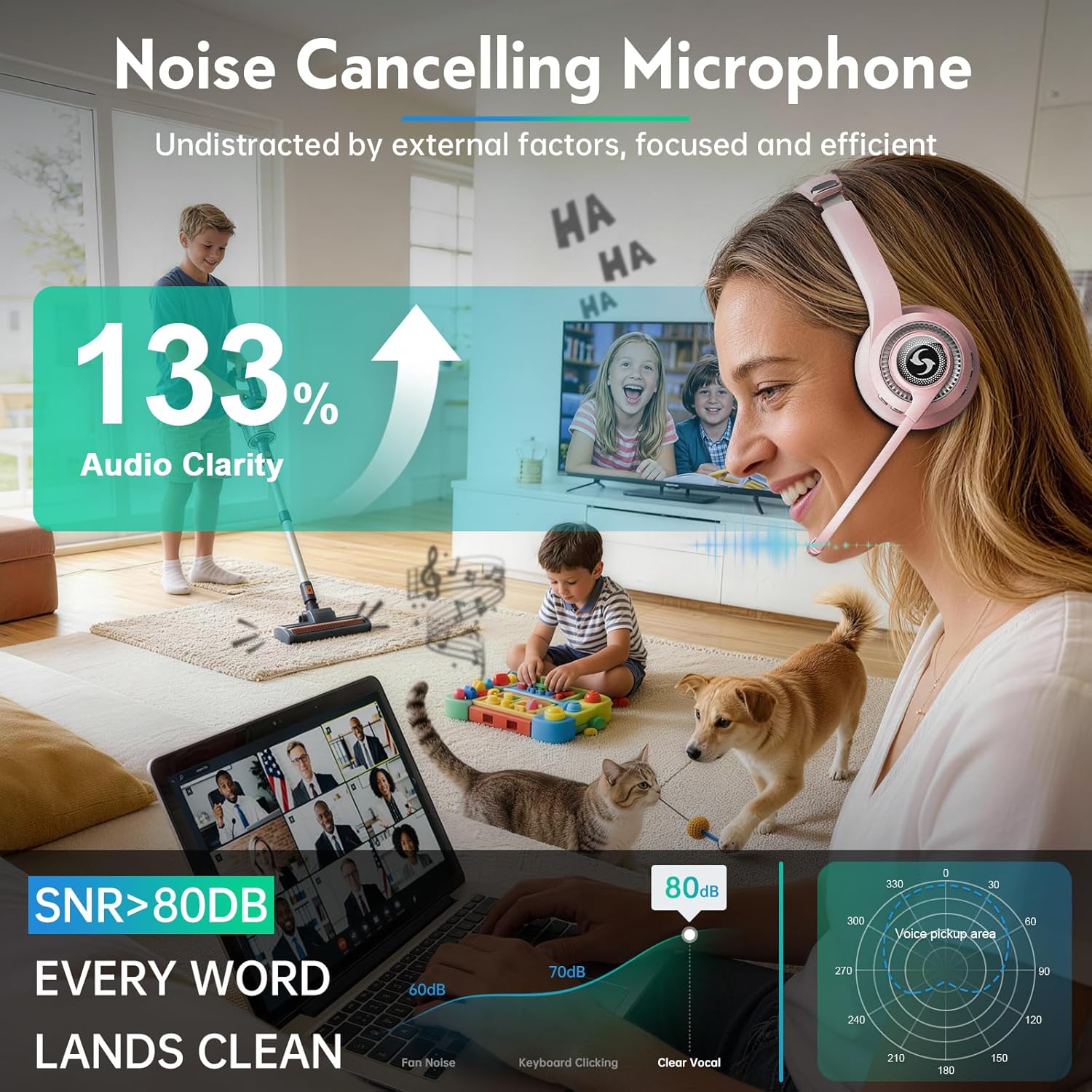 Wireless Headsets with Microphone, Ultra Lightweight& 50+ Playtime, Wireless Headset for Cell Phones, On Ear Bluetooth Headphone Fit for PC/Call Center/Computer/Laptop/Teams - Light Pink