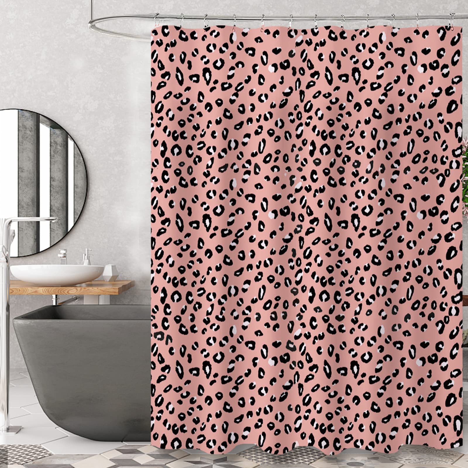 ZTTXL Pink Leopard Print Shower Curtain, 60" x 72", Polyester Fabric Set for Bathroom with 12 Hooks