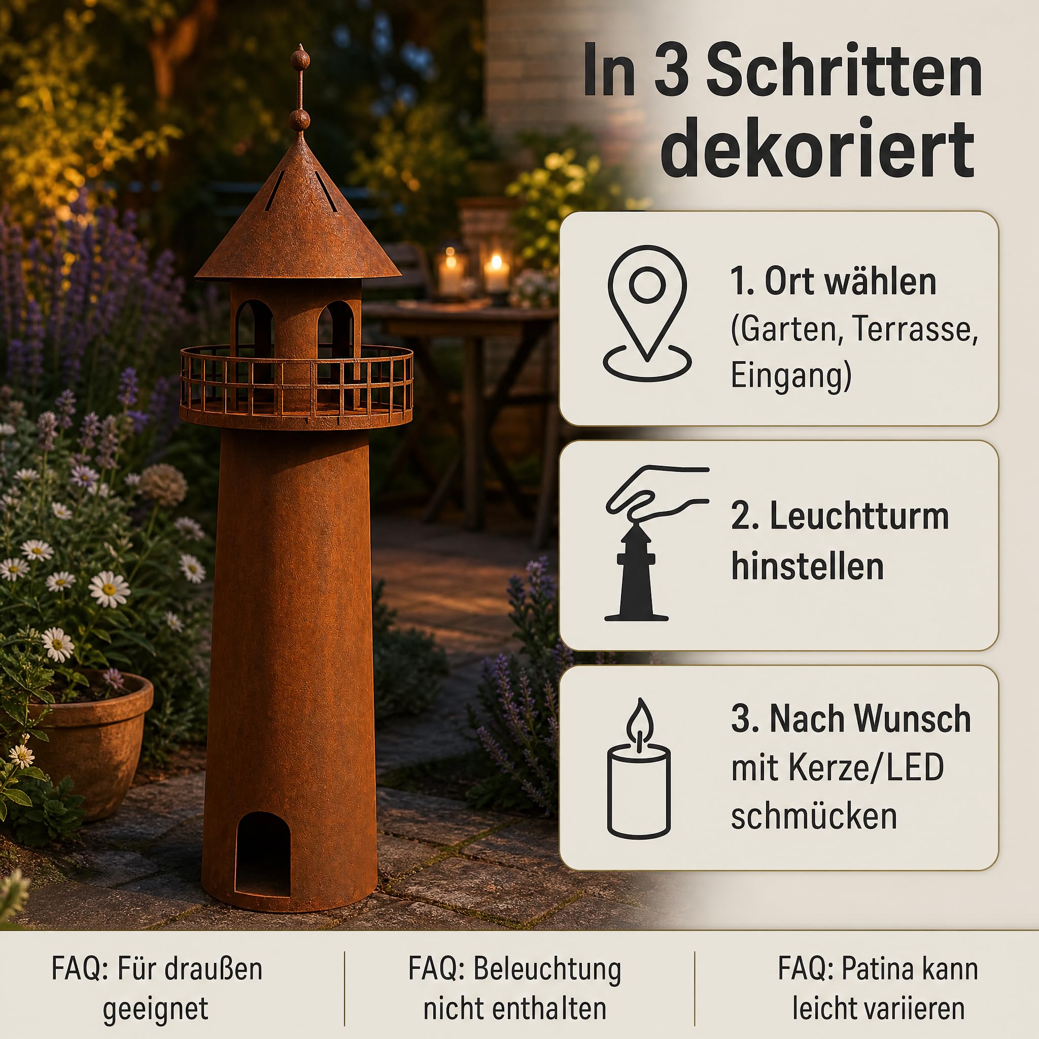Leuchtturm Deko Edelrost, Gartendeko Metall, 60 cm | Maritime Rostdeko für Garten, Terrasse & Balkon – selbststehend, wetterfest, mit Hohlkörper für stimmungsvolle Beleuchtung