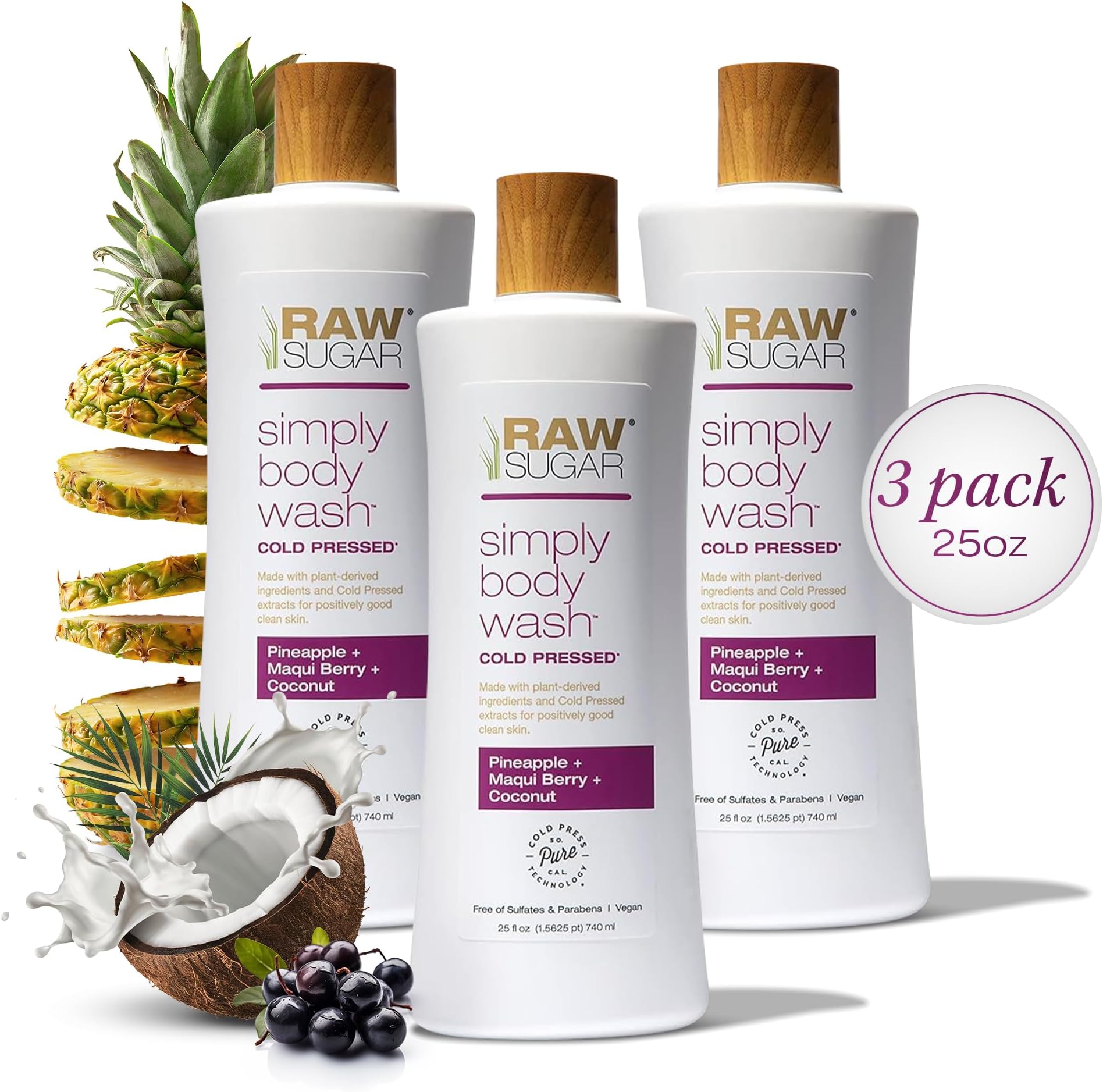 Pineapple Maqui Berry Reviver Gentle & Hydrating Body Wash, 20 Fl Oz (Pack of 3), Moisturizing & Smoothing Bath & Shower Gel, Vegan, Formulated without SLS/SLES & Parabens