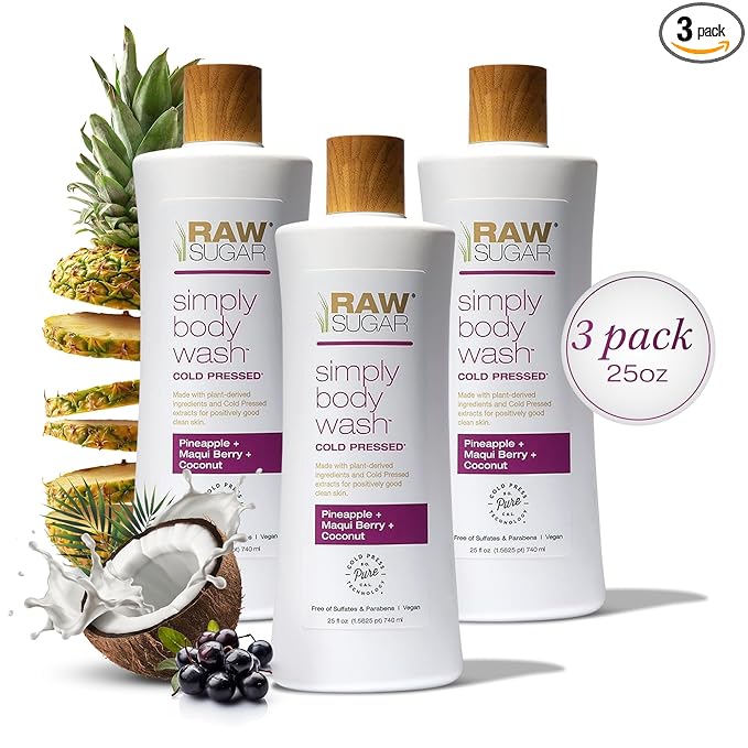 RAW SUGAR Simply Body Wash - Pineapple + Maqui Berry + Coconut, Moisturizing & Brightening Bath & Shower Gel, Sulfate-Free, Paraben-Free & Vegan (Pack of 3)