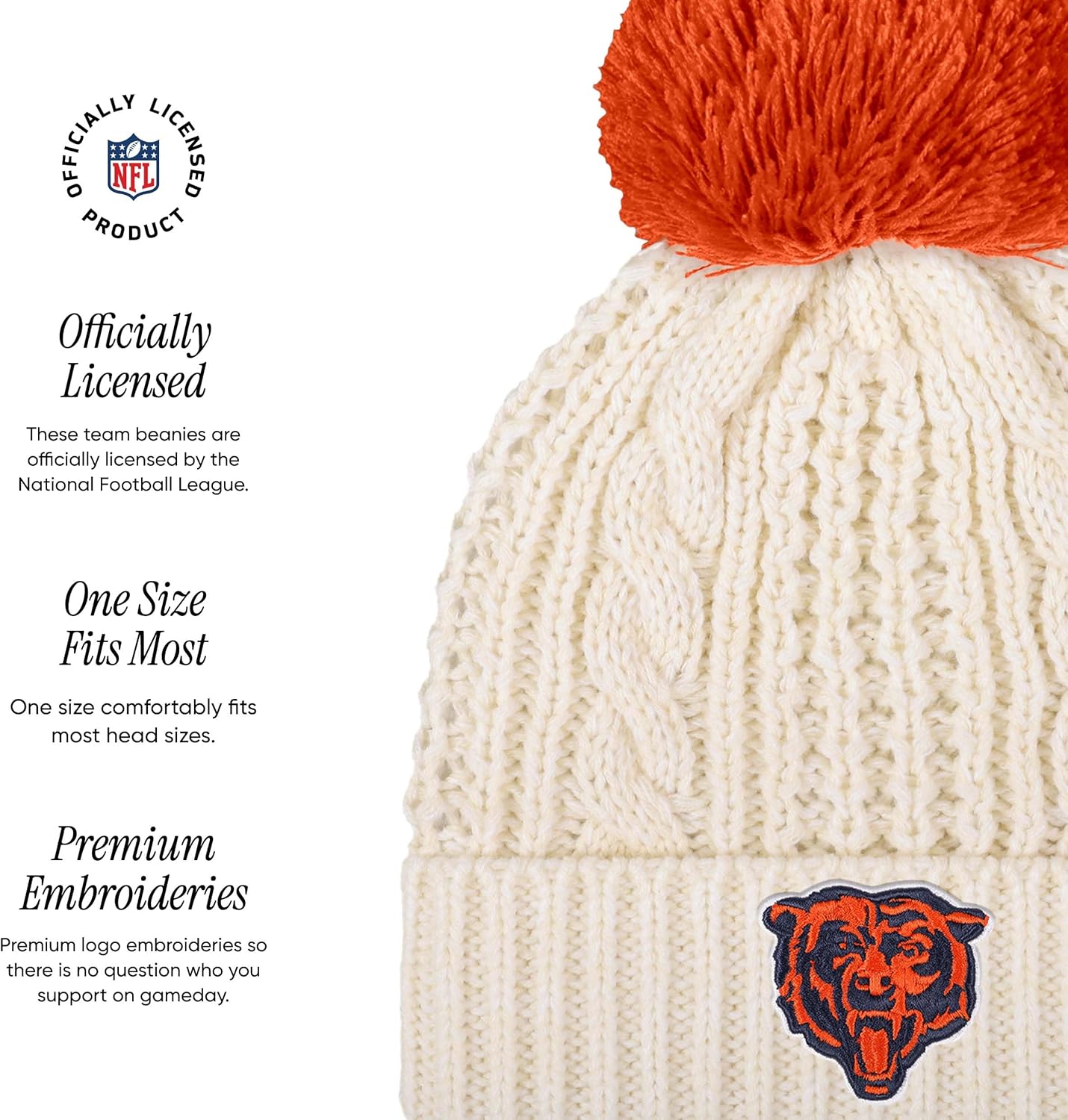 FOCO NFL Womens NFL Team Logo Cable Knit Pom Beanie Hat - Image 4