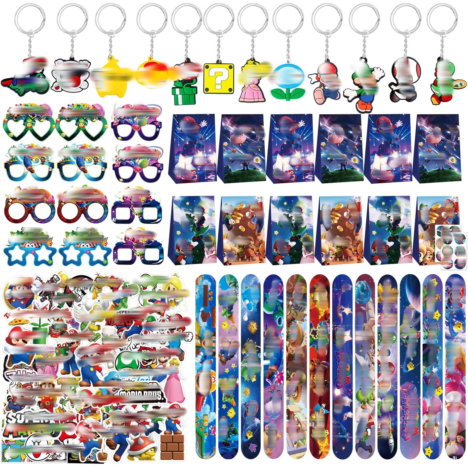 yumcute 110pcs Cartoon Party Bags, Party Supplies with 50 Stickers,12 Keychains,12 Slap Bracelets, 12 Party Glasses, 12 Gift Bags, Party Decorations Kids Birthday Party Supplies, Goodie Bag Fillers