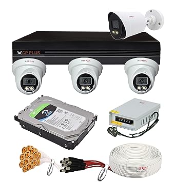 CP Plus H.265, 2.4 MP Guard+ Colorful View in Dark 4 Camera Combo Kit with (4Ch DVR, 3 Dome 1 Bullet Cameras, 2TB HDD, Power Supply, 90Mtr Cable, Audio Mic & Connectors) CCTV Security Camera Set