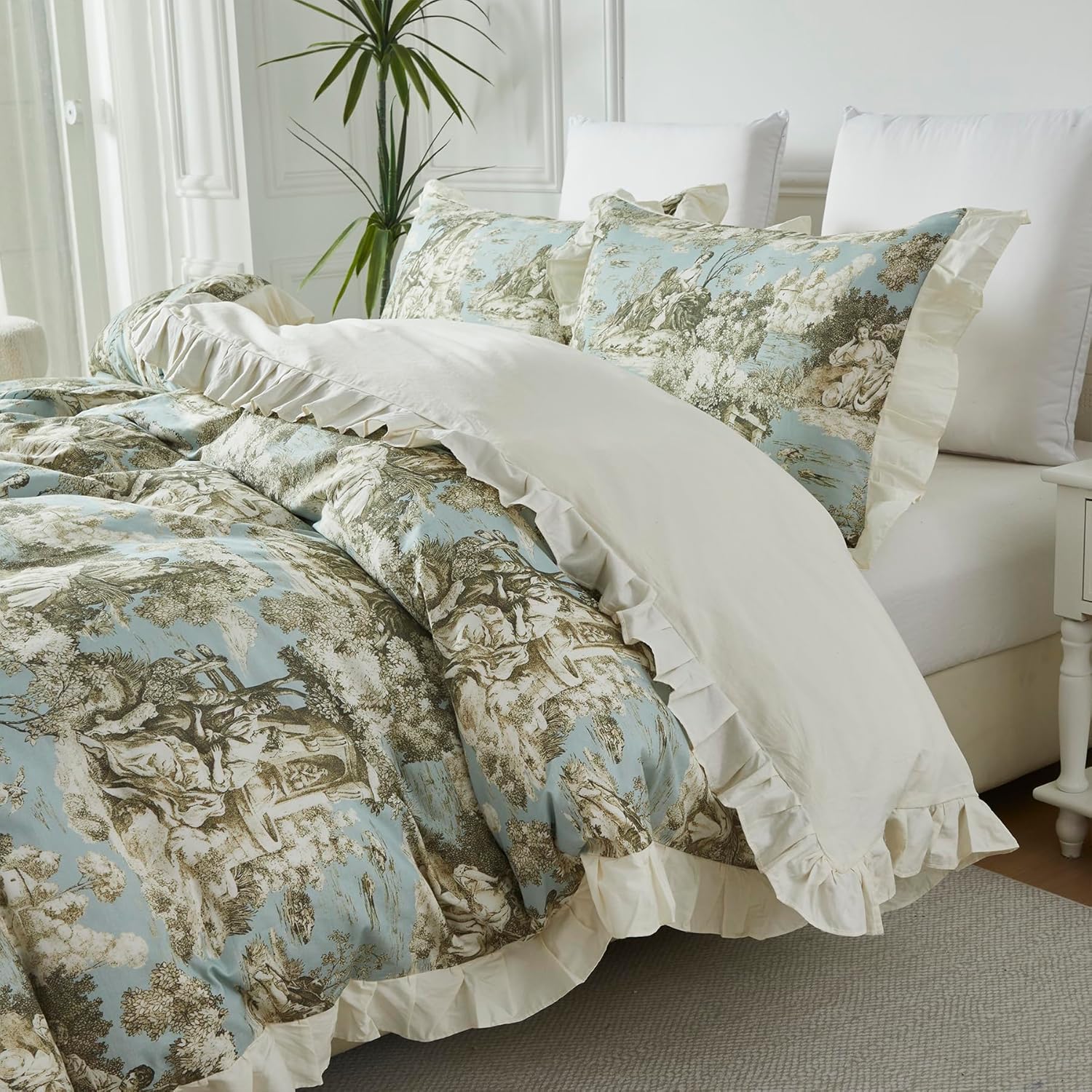 Brandream French Country Toile Duvet Cover Set Full Size for Girls Bedroom Vintage Toile Floral 100% Cotton Delicate Ruffle Fringe Soft Breathable, 3 Pieces Cottagecore Bedding with Zipper Closure - Image 2