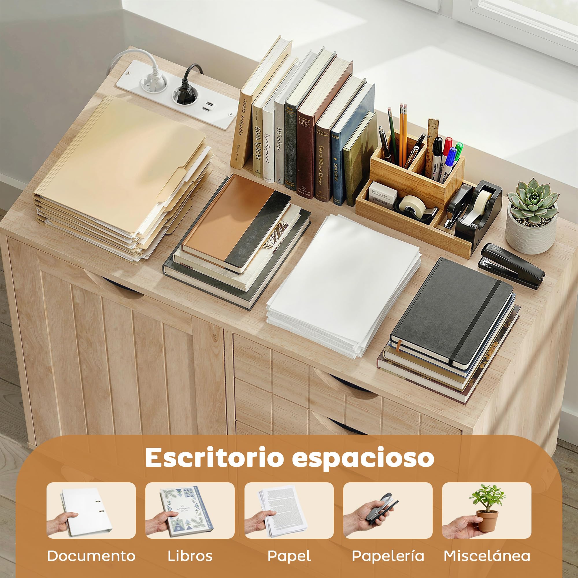 HOMCOM Mueble para Impresora con Estación de Carga y Ruedas, Soporte para Impresora, Cajonera para Escritorio con 5 Cajones, Puertos USB, Estante Ajustable para Archivador, Oficina en Casa, Natural