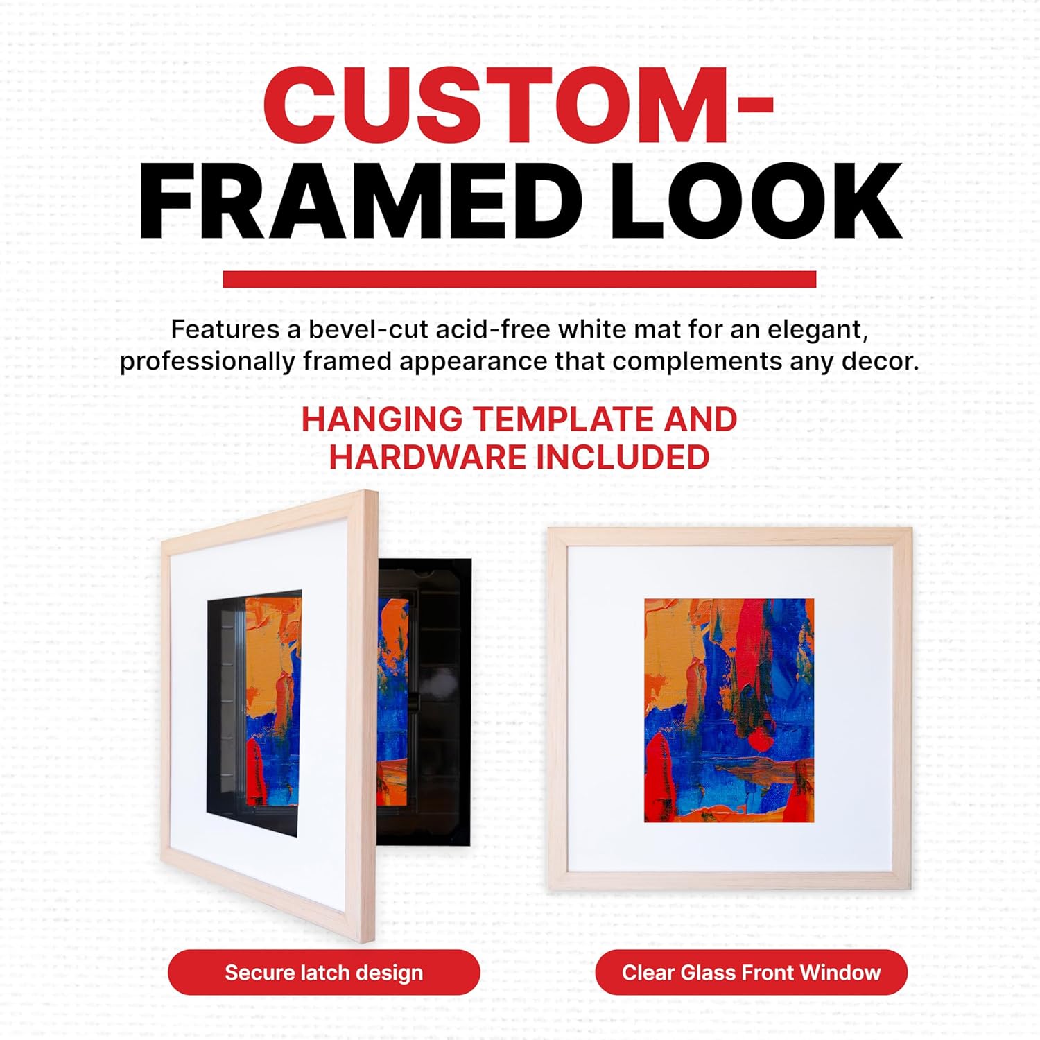 Dynamic Frames Front-Opening Storage Frame for 8.5x11 Prints; 17x17 Gallery Style with Acid-Free White Mat; Thin Profile; Includes Hanging Template & Hardware; Natural Finish