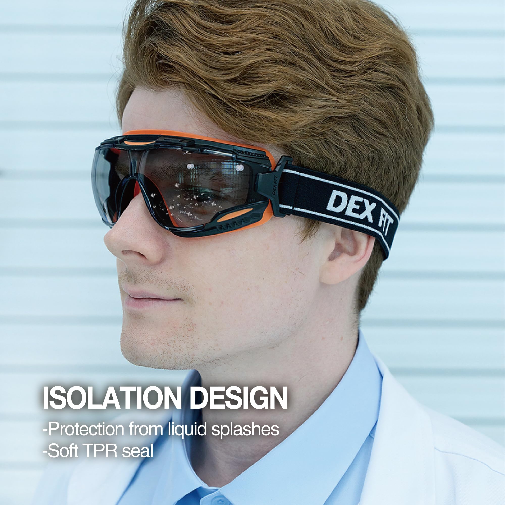 DEX FIT Lunettes de sécurité SG220 ; anti-buée et anti-rayures, protection des yeux Z87 pour travaux de laboratoire, de science et de chimie, réglables pour homme et femme, monture noire et orange,